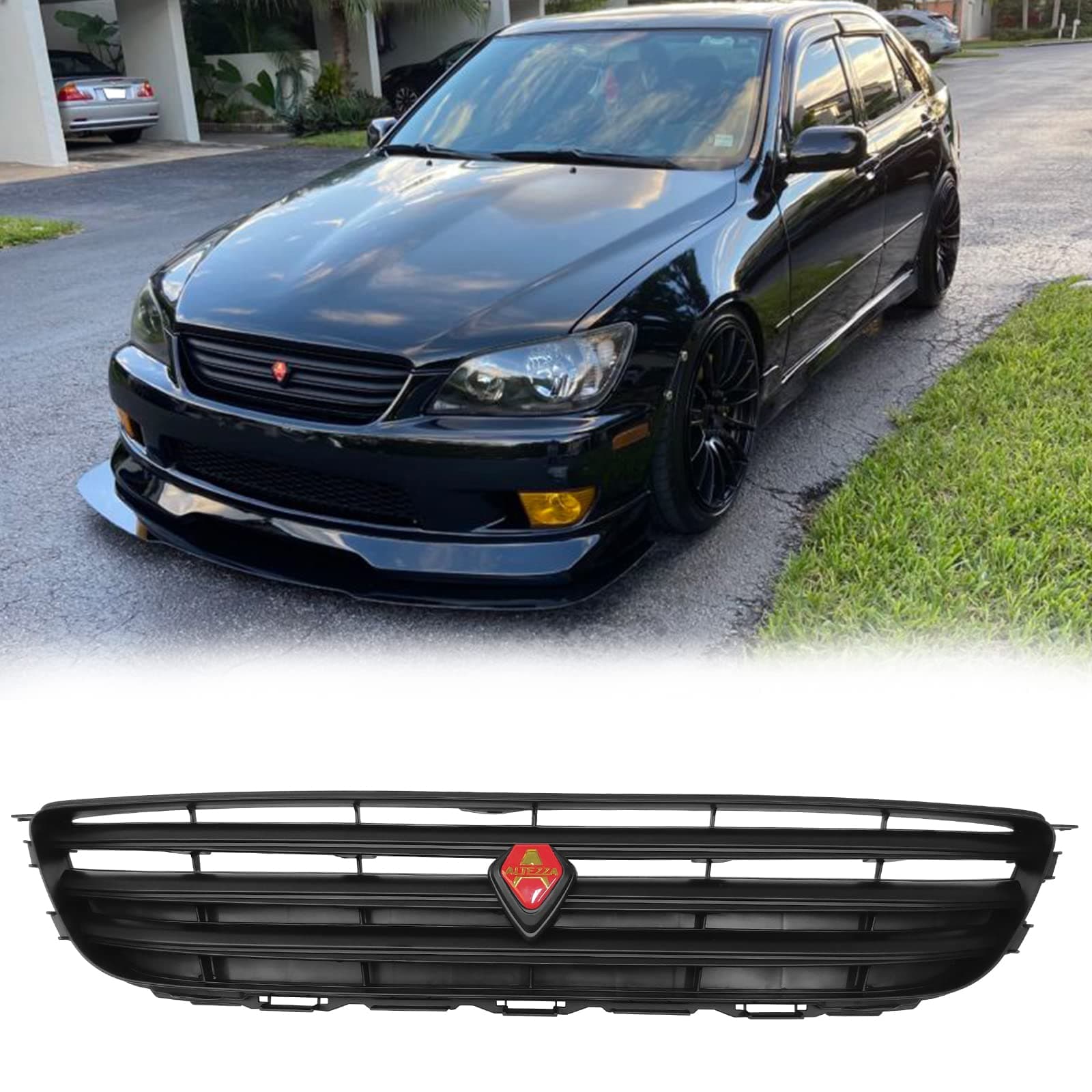 Front Upper Grille Compatible with 2001-2005 Lexus IS300 | Black ABS Plastic Front Bumper Hood Grille Guard Replacement