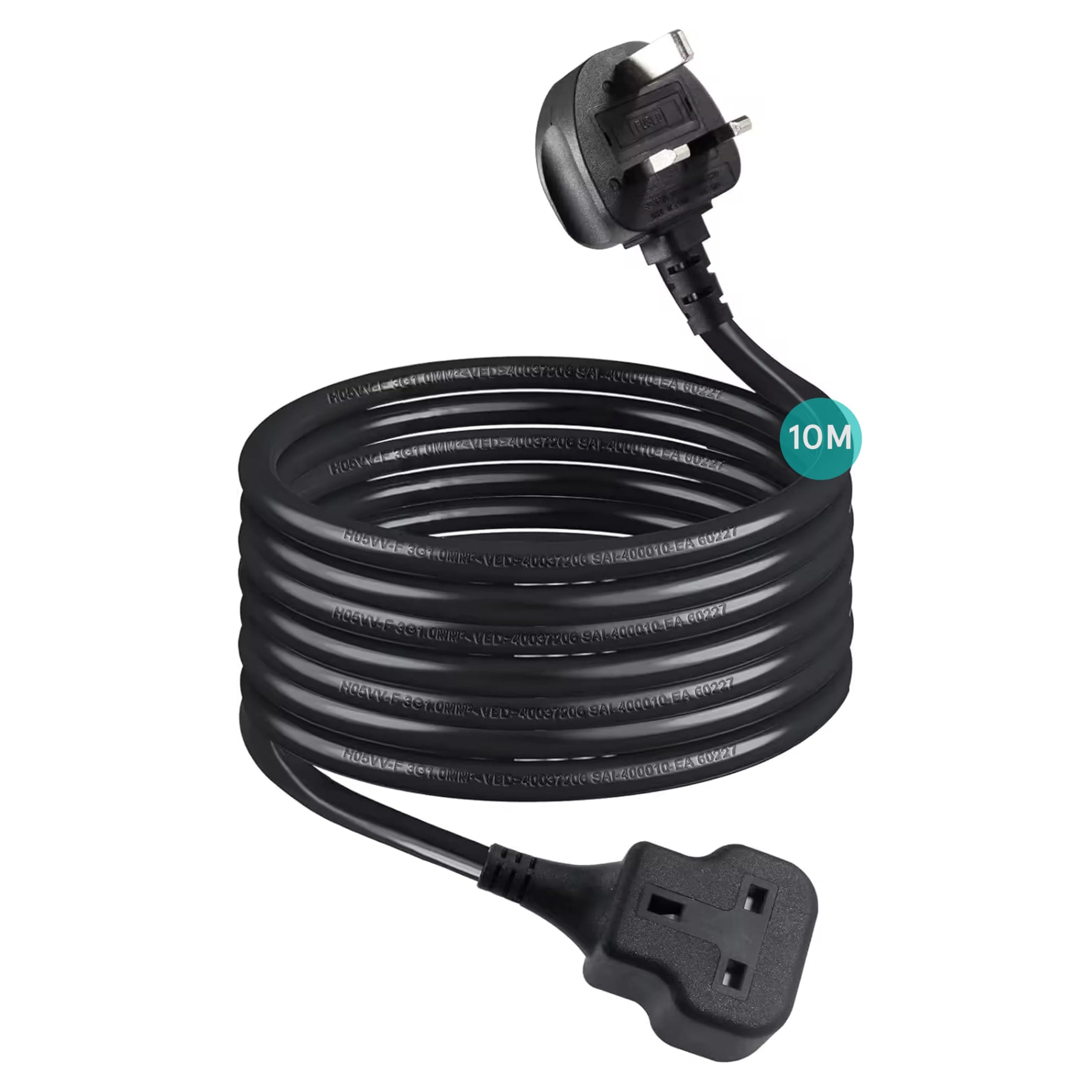 10m Power Extension Lead, Heavy-Duty Single Socket with UK 3-Pin Plug, Fireproof Extension Cord for Outdoor, Garden, Warehouse, Home Renovation, Black (10meters)