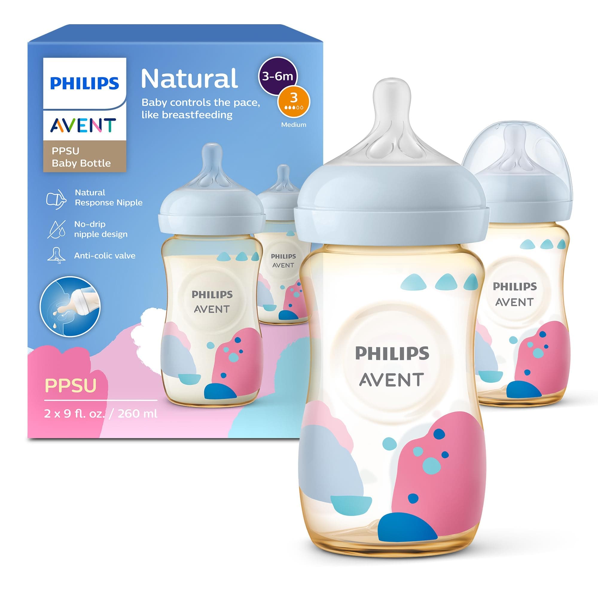 Philips Avent PPSU Natural Baby Bottles with Medium Flow (Flow 3), 9oz, with Decoration, 2-Pack, SCY943/02