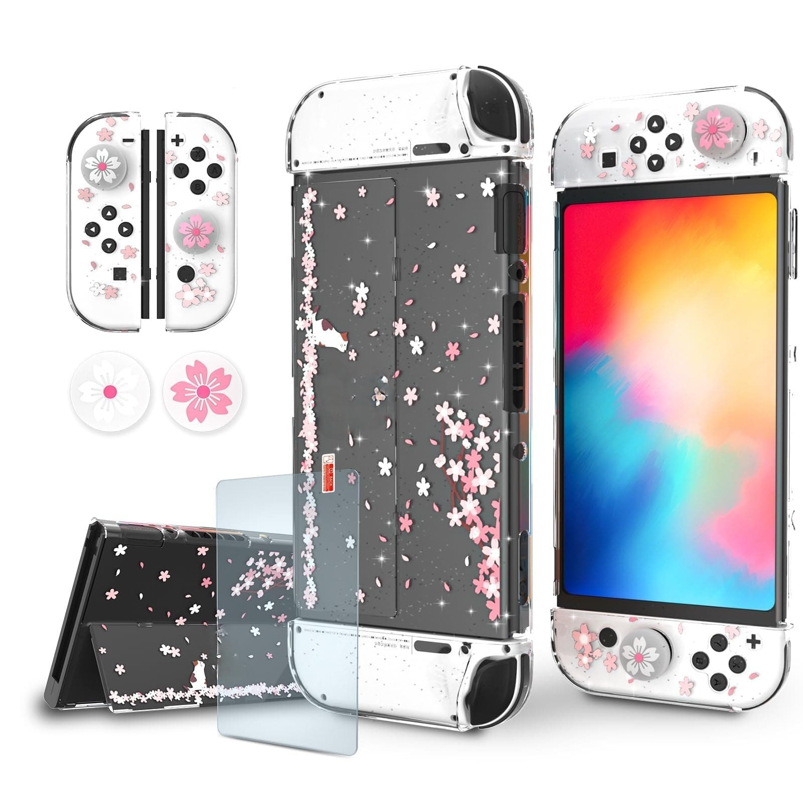Cherry Blossom Glitter Case for Nintendo Switch OLED, Dockable Clear Protective Cover with Tempered Glass Screen Protector and Thumb Grip Caps, Cute Hard Shell Case, Not for Switch or Switch 2