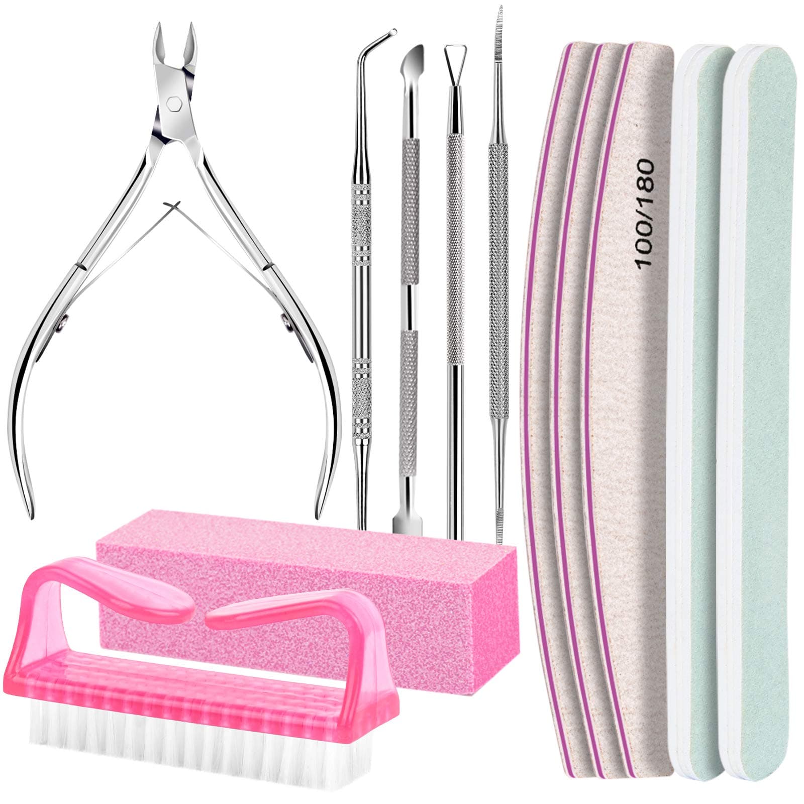 FANDAMEI Nail Care Tool Kit, Nail Files 100/180, Buffer Block, Cuticle Nippers, Cuticle Pusher, Cuticle Peeler, Nail Lifter for Ingrown Toenails, Toenail File, Nail Brush, for Manicure and Pedicure