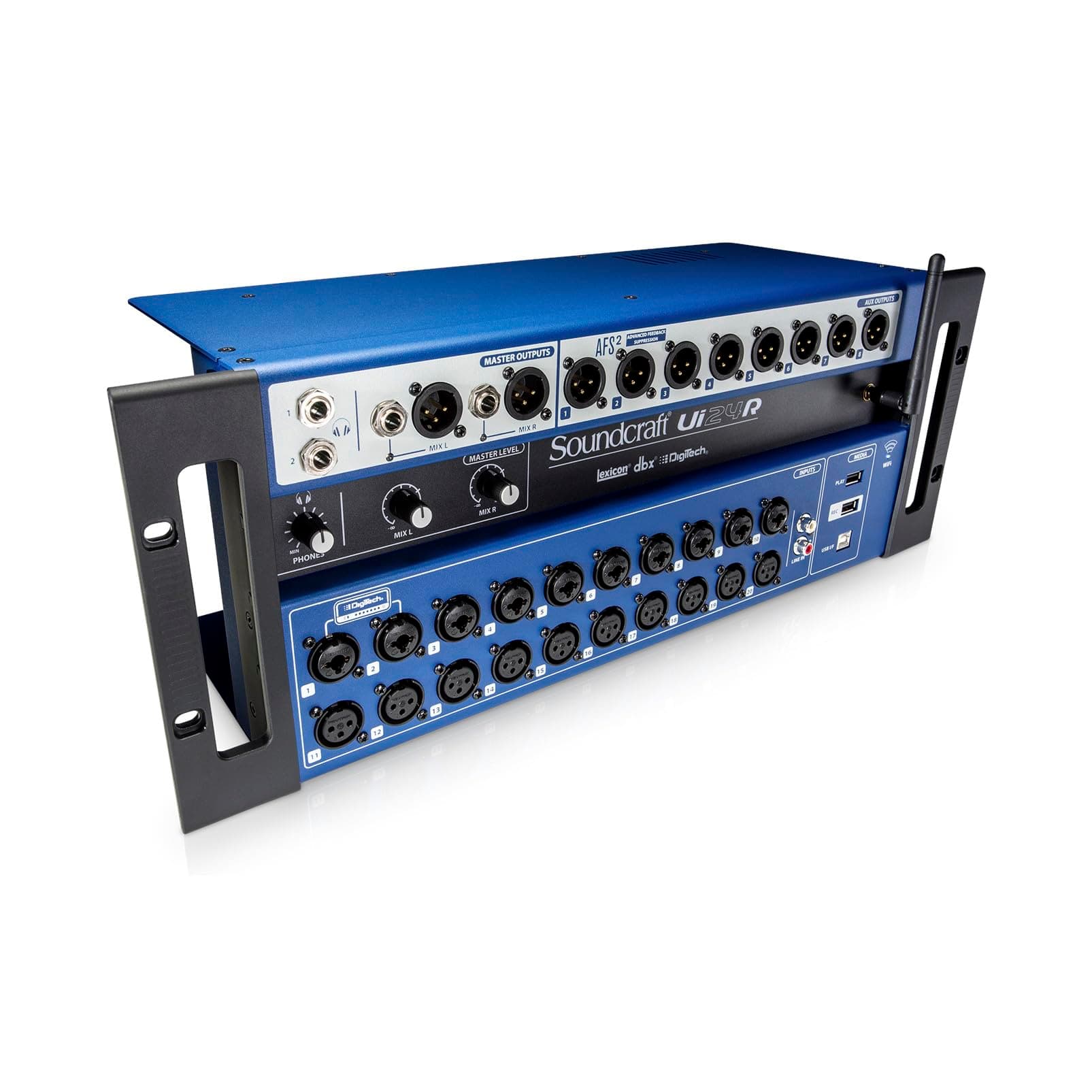 Ui24R Rack-Mountable Laptop or Tablet-Controlled, 24 input Digital Audio Mixer with onboard Signal Processing. Blue and Gray