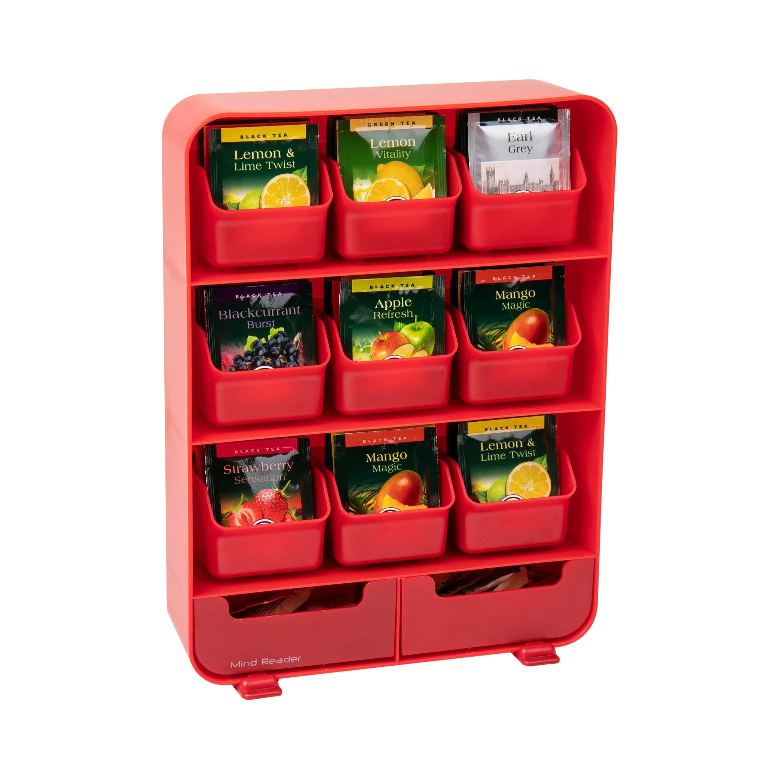 Mind Reader Tea Bag Organizer, Tea Station Organizer, Countertop Storage, Kitchen, Plastic, 10.25"L x 3.25"W x 13.75"H, Red