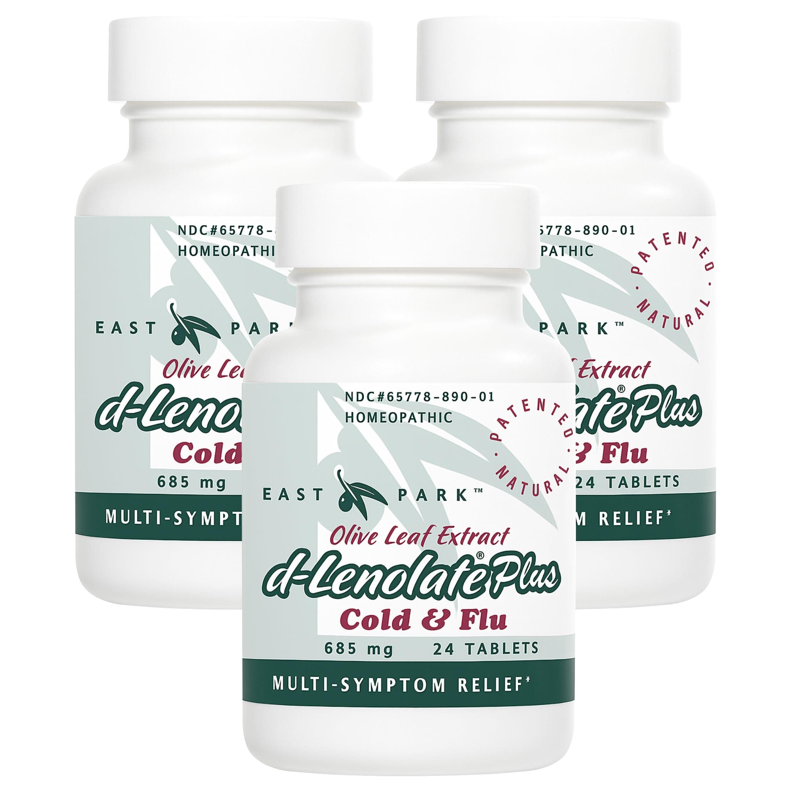 EAST PARK d-Lenolate Plus Cold & Flu Homeopathic Remedy for Adults & Kids | Immune System Booster with Olive Leaf Extract, Neem Leaf Extract & Echinacea | 625mg, 24 Tablets | Non-GMO (Pack of 3)