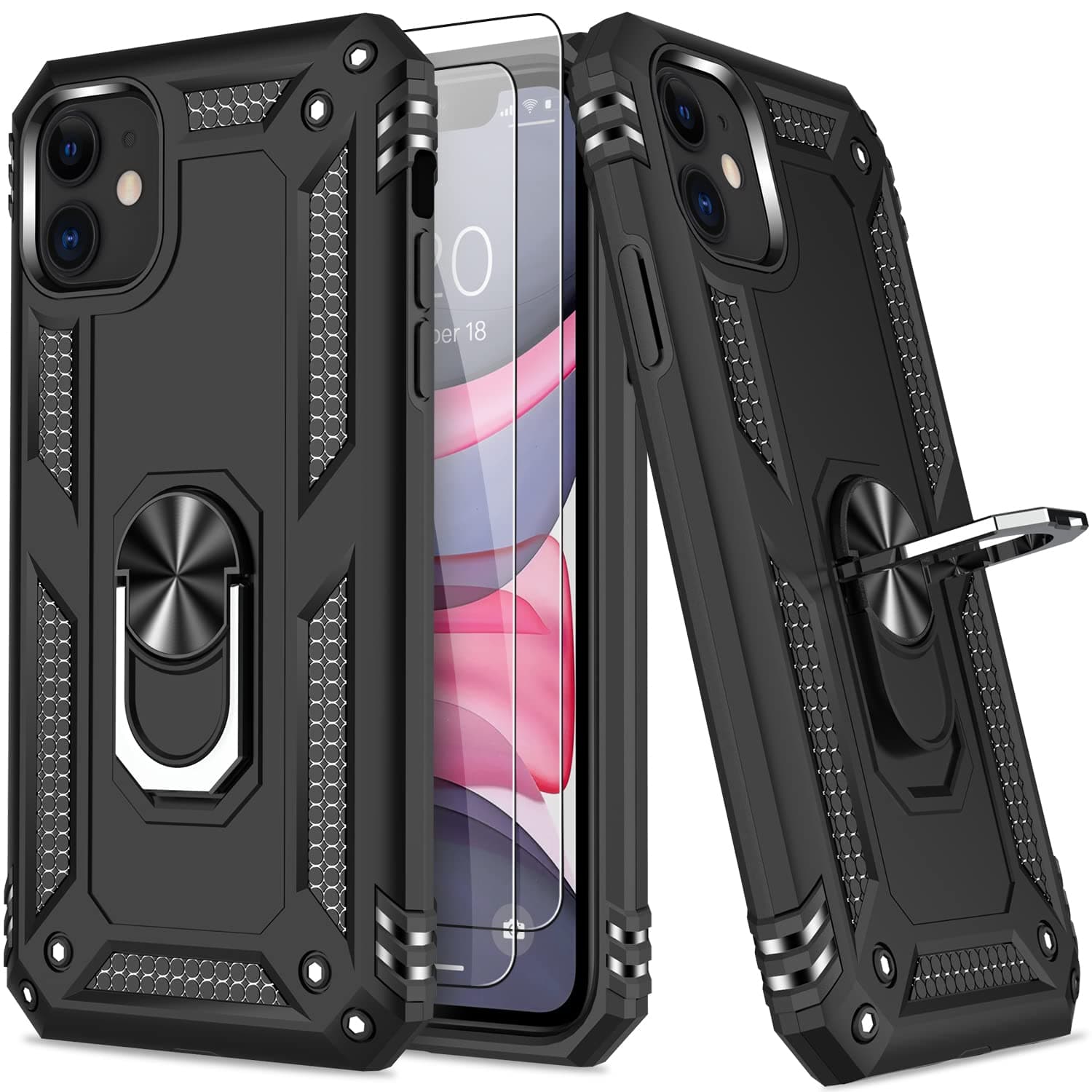AUPAI iPhone 11 Case with 2 Pack Tempered Glass Screen Protector,iPhone 11 Cover Pass 16ft Drop Test Military Grade Heavy Duty Protective Phone Case with Magnetic Kickstand for Apple iPhone 11,Black