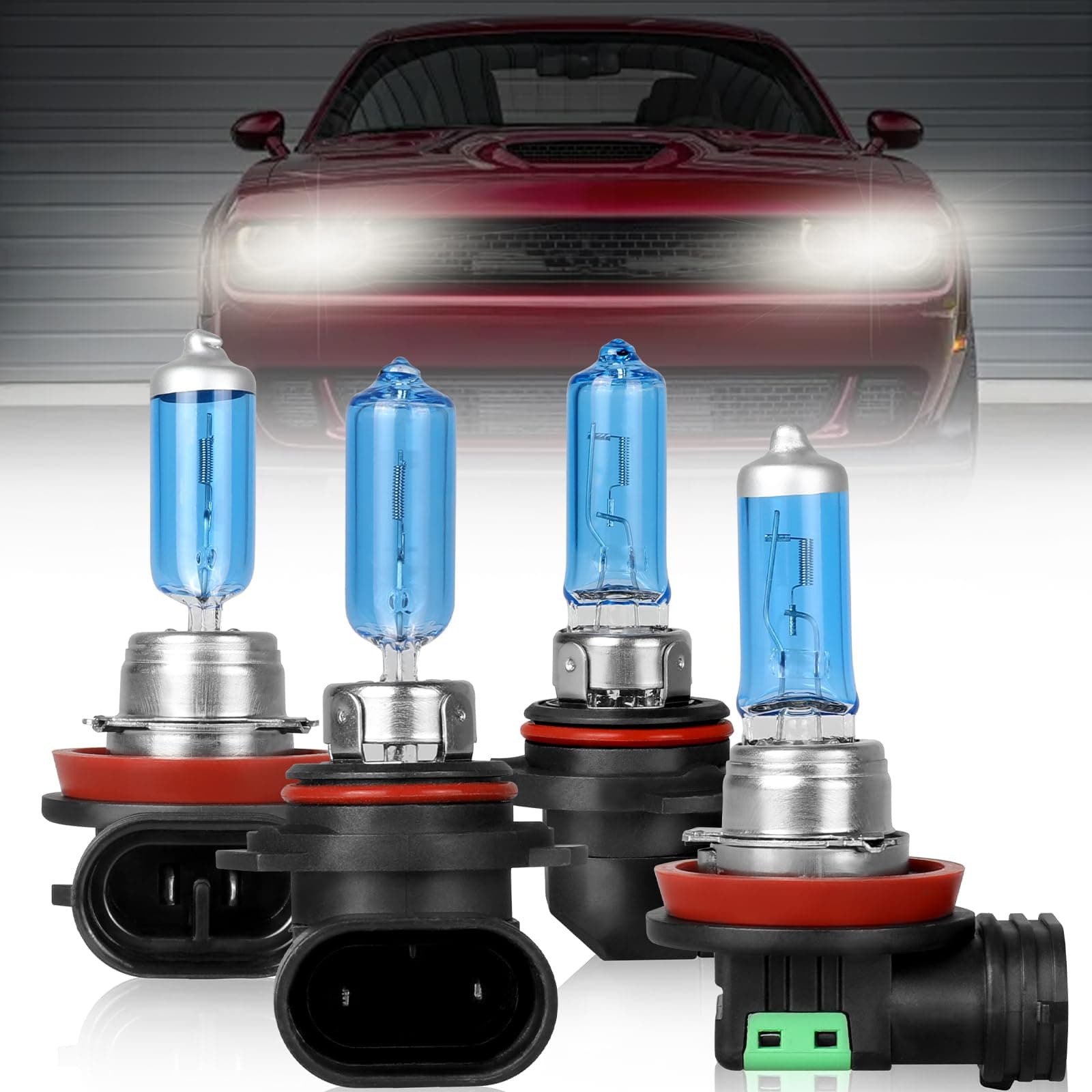 Fit For Dodge Challenger 2015-2020 High Performance Halogen Headlight Bulbs 9012 High Low Beam+H11 Fog Light Bulbs, Super Bright Front Light Car Replacement Bulb Combo, 4 PCS
