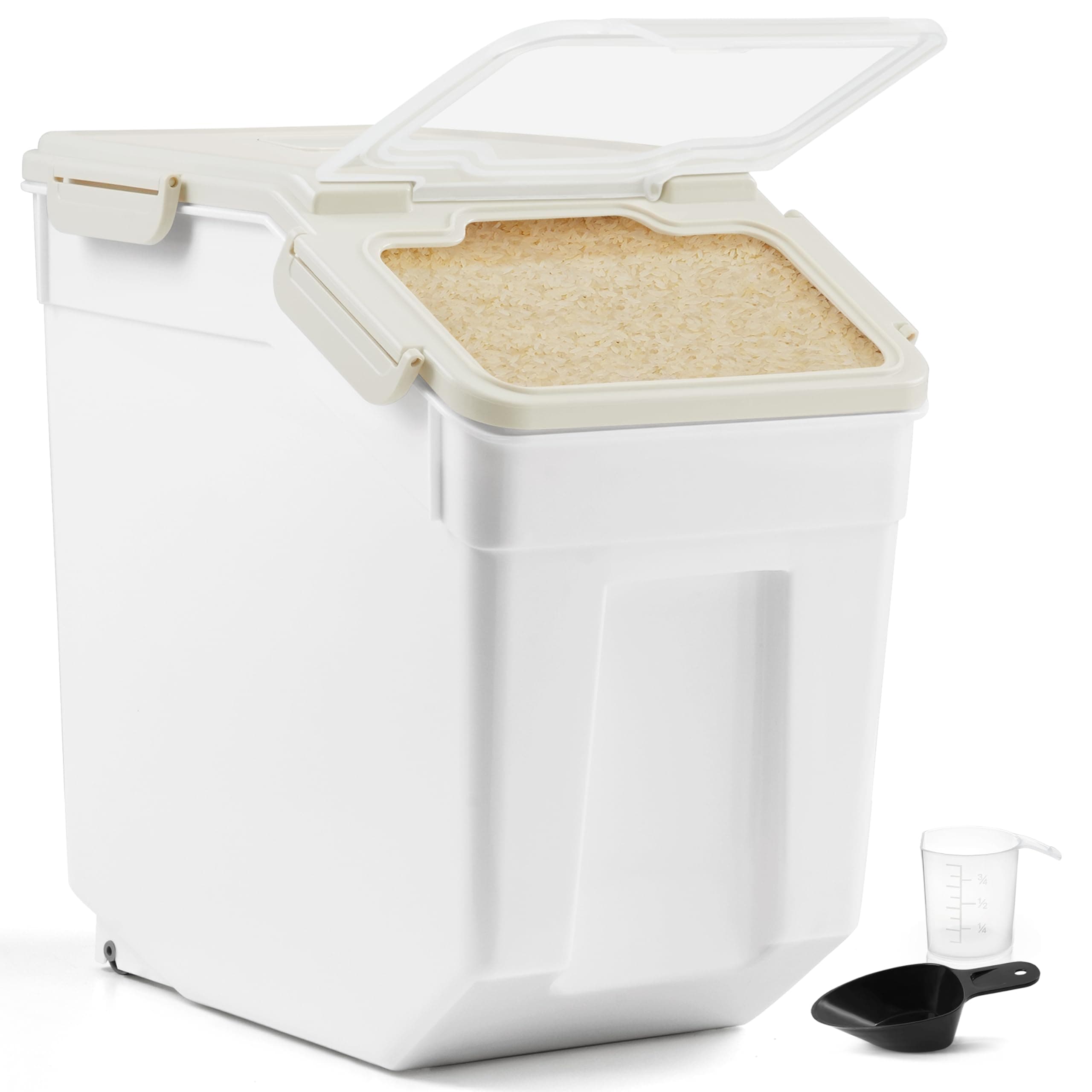 ABOUT SPACE 15-Kg Rice Container- Airtight Rice Storage Container with Measuring Cup & Rice Shovel - Rice Barrel Dispenser-Moisture Proof Kitchen Organiser for Cereals,Pulses&Pet Food- Grey, Plastic