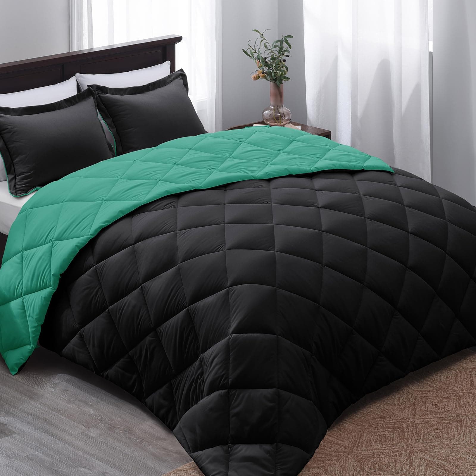Basic Beyond Queen Comforter Set - Green Comforter Set Queen, Reversible Bed Comforter Queen Set for All Seasons, Black/Mint Leaf, 1 Comforter (88"x92") and 2 Pillow Shams (20"x26"+2")