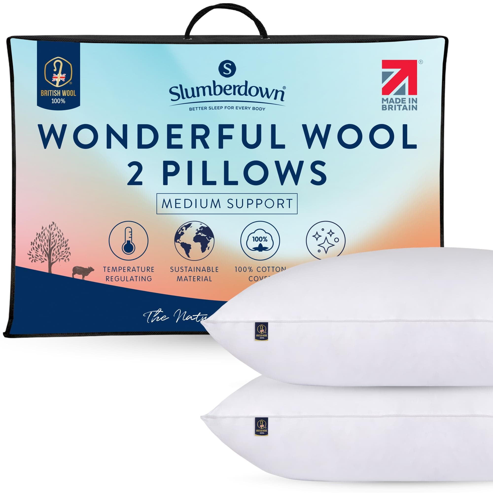 Slumberdown 100% British Wool Pillows 2 Pack - Naturally Cooling & Moisture-Wicking for Hot Sleepers, Luxury Back & Side Sleeper Bed Pillows - Hypoallergenic Cotton Cover, UK-Made (48 x 74cm)