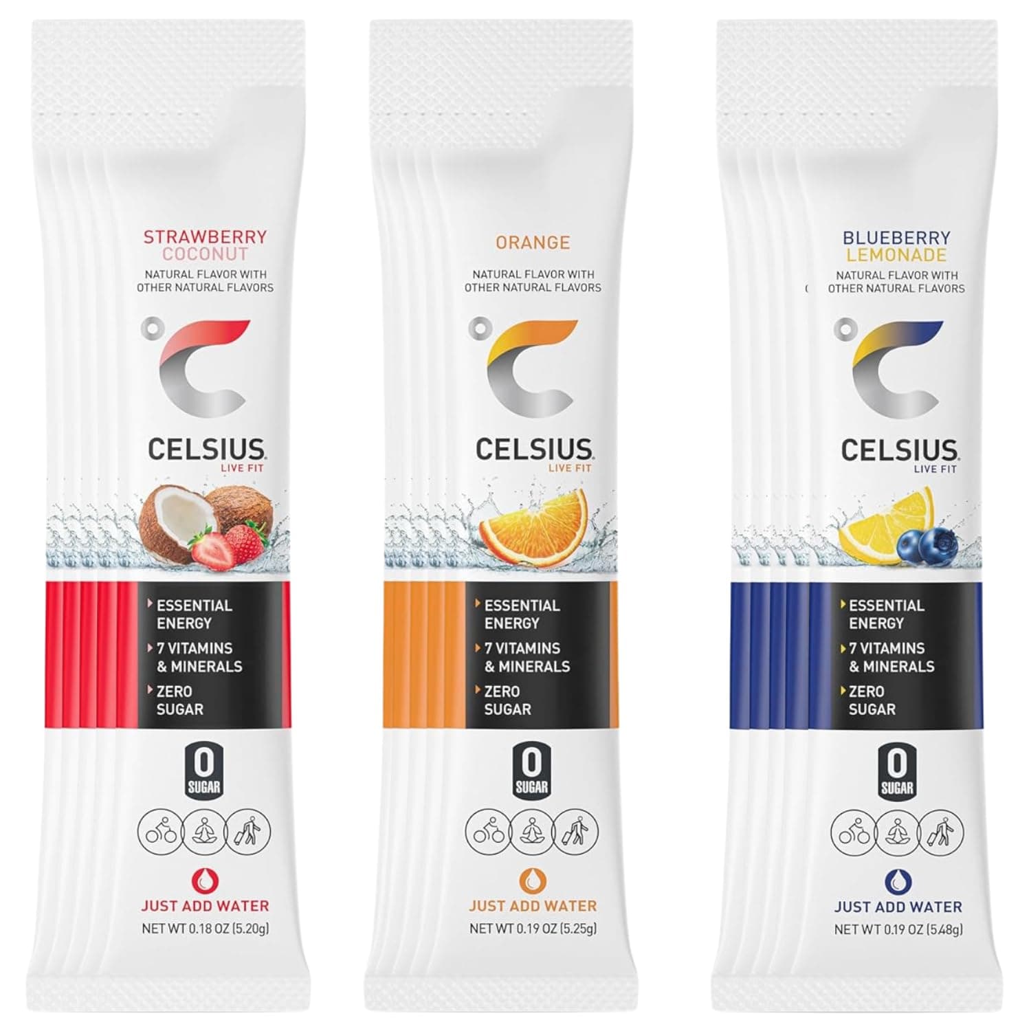 Generic CELSIUS On-the-Go Essential Energy Drink Powder Packet Stick Mix 3 Flavor Variety Pack, Zero Sugar - Strawberry Coconut, Orange and Blueberry Lemonade Pack of 15 (5 of Each Flavor)