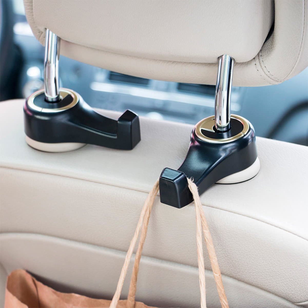 Universal Car Headrest Hooks (4-Pack) - 3rd Generation Car Seat Hanger with Gilding Buckle - for Purse, Bags, or Groceries (Black + Gold)
