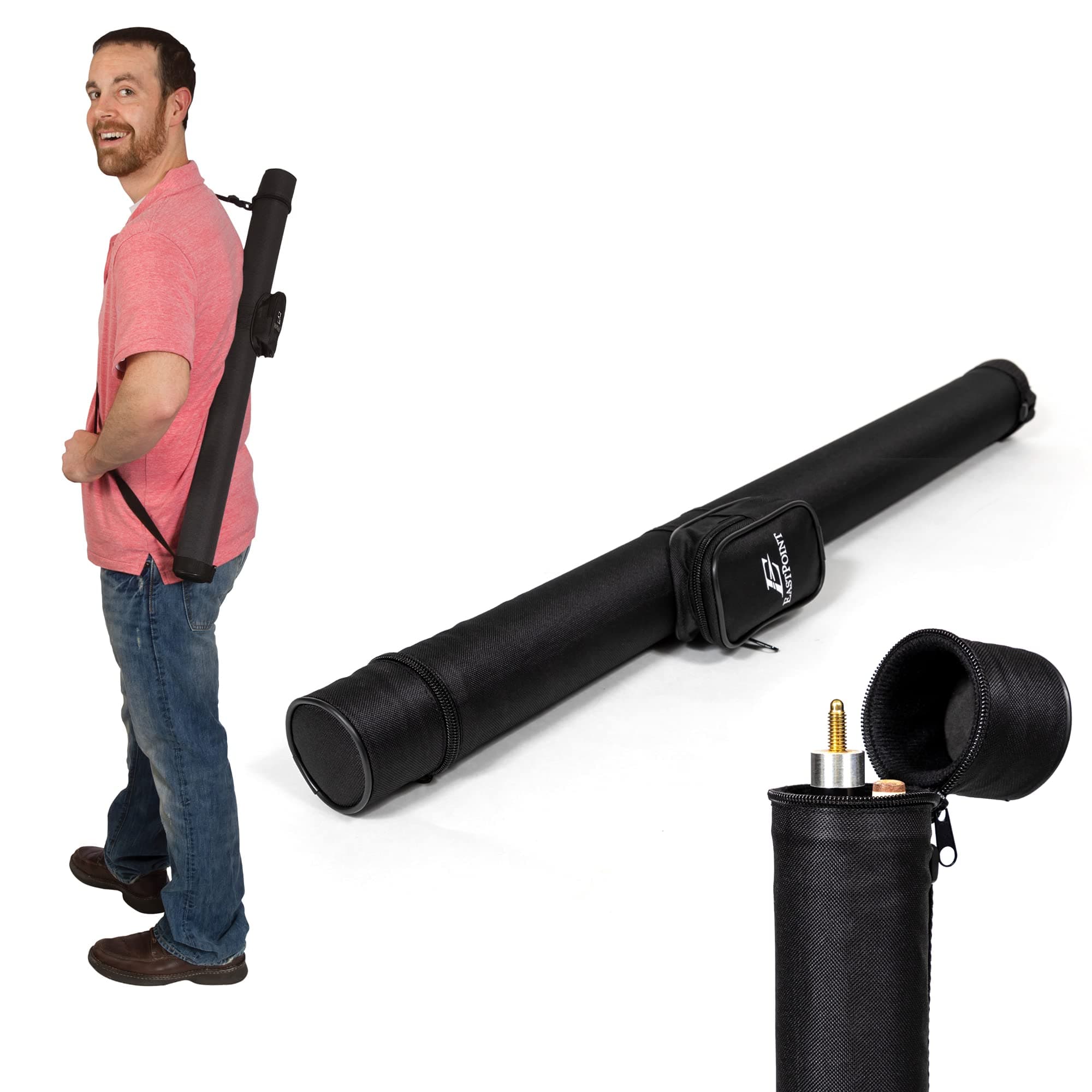 EastPoint Felt-Lined Pool Cue Case - Black, Holds 2 Cues to 58 in - Nylon Lining Protects Billiard Accessories - Zippered Pocket for Billiards Accessories, Adjustable Strap on Portable Pool Stick Case