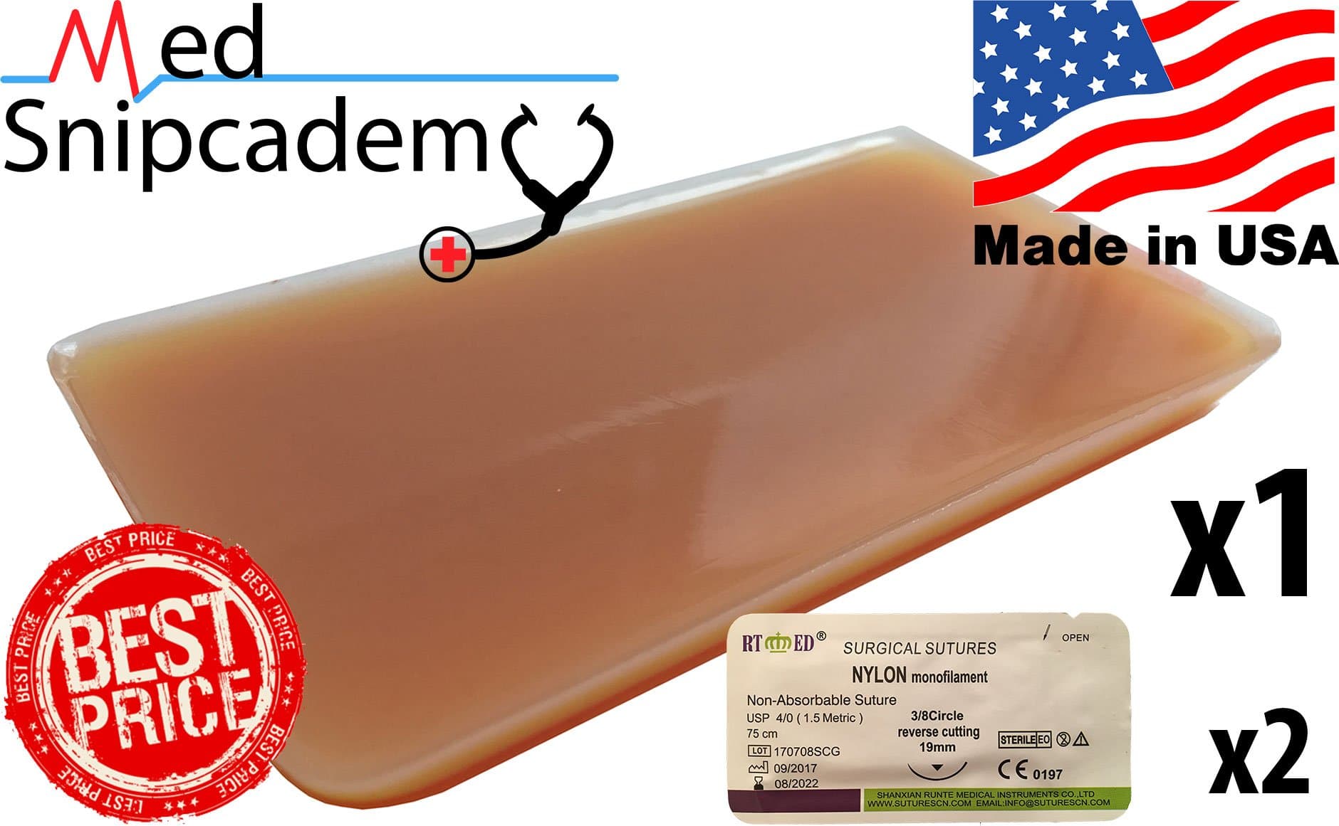 Suture Pad for Practice – Pocket-Size, (4” x 2.25”, small) 3-Layer, 100% Silicone, Extra Durable, Made in USA – For Doctors, Medical Students, Veterinarians and Nurses