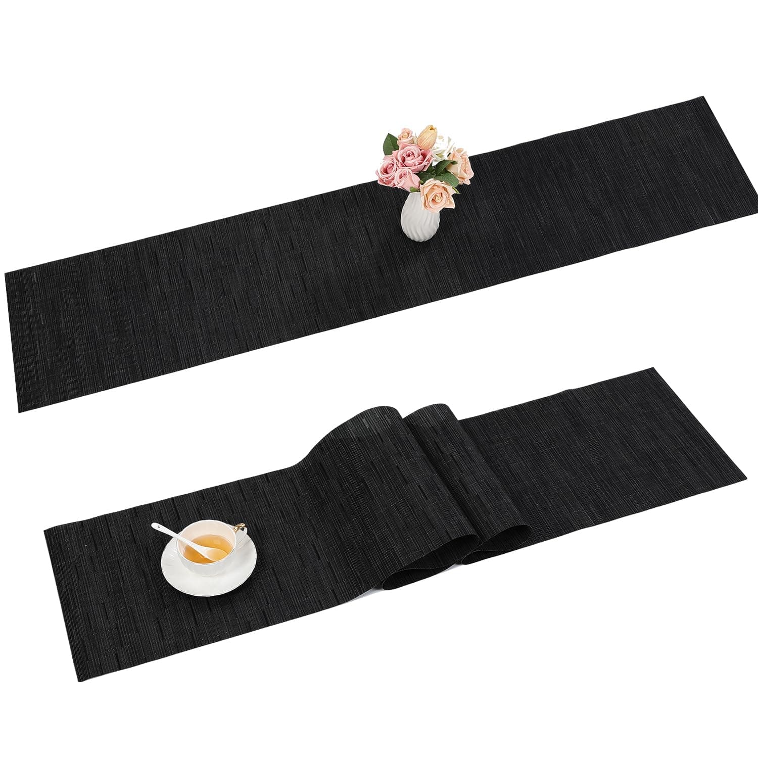 SHACOSTable Runner Black Washable Table Runner Roll Woven Vinyl Table Runner Heat Resistant Waterproof Table Ribbon PVC Dining Table Runner for Kitchen Party Home Restaurant, 30 x 140 cm