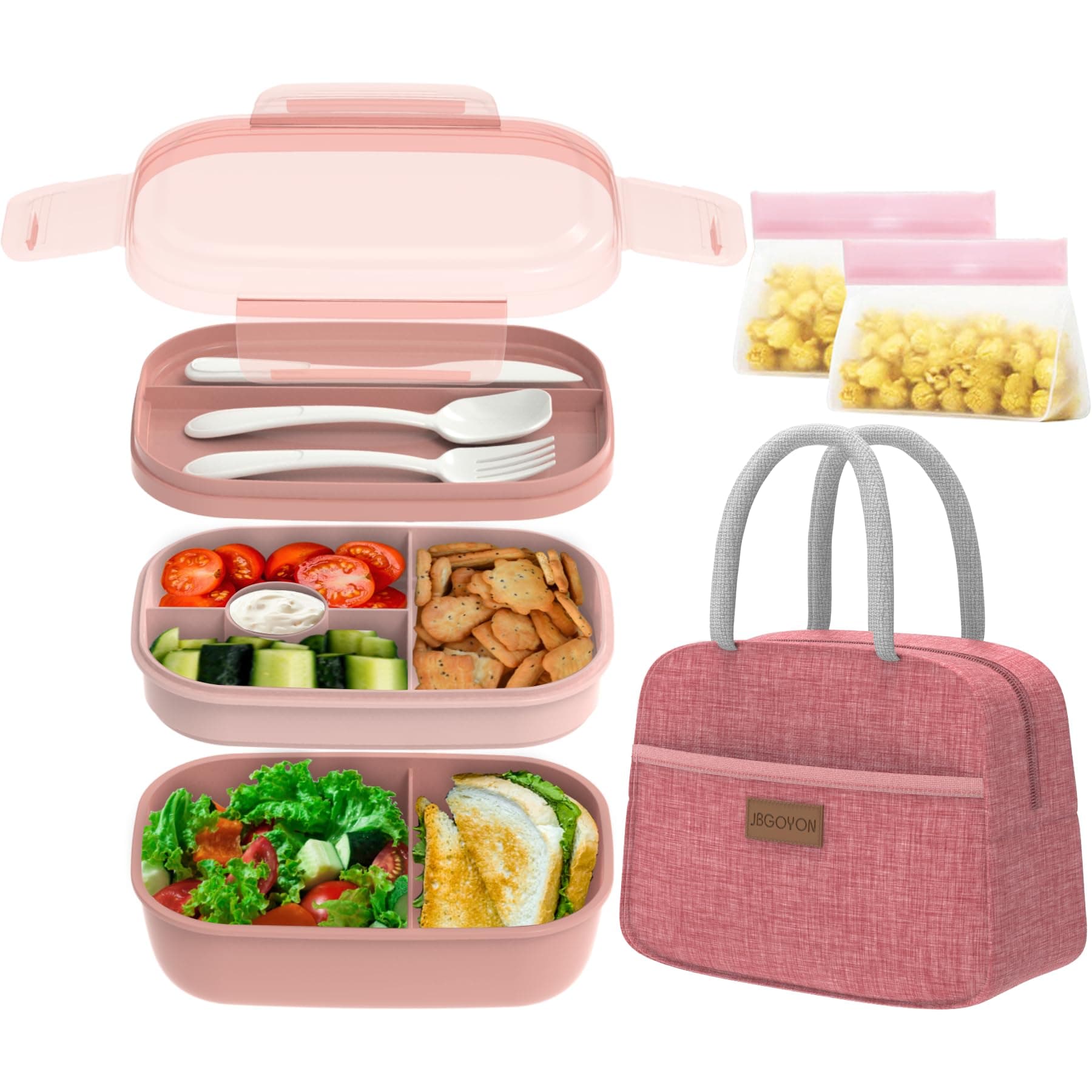 - Bento Lunch Box Set - 3 Stackable Containers for Adults and Kids，lunch box for women- Includes Lunch Bag, Leak-Proof and BPA-Free - Built-in Utensil Set - Dishwasher Safe (Pink)