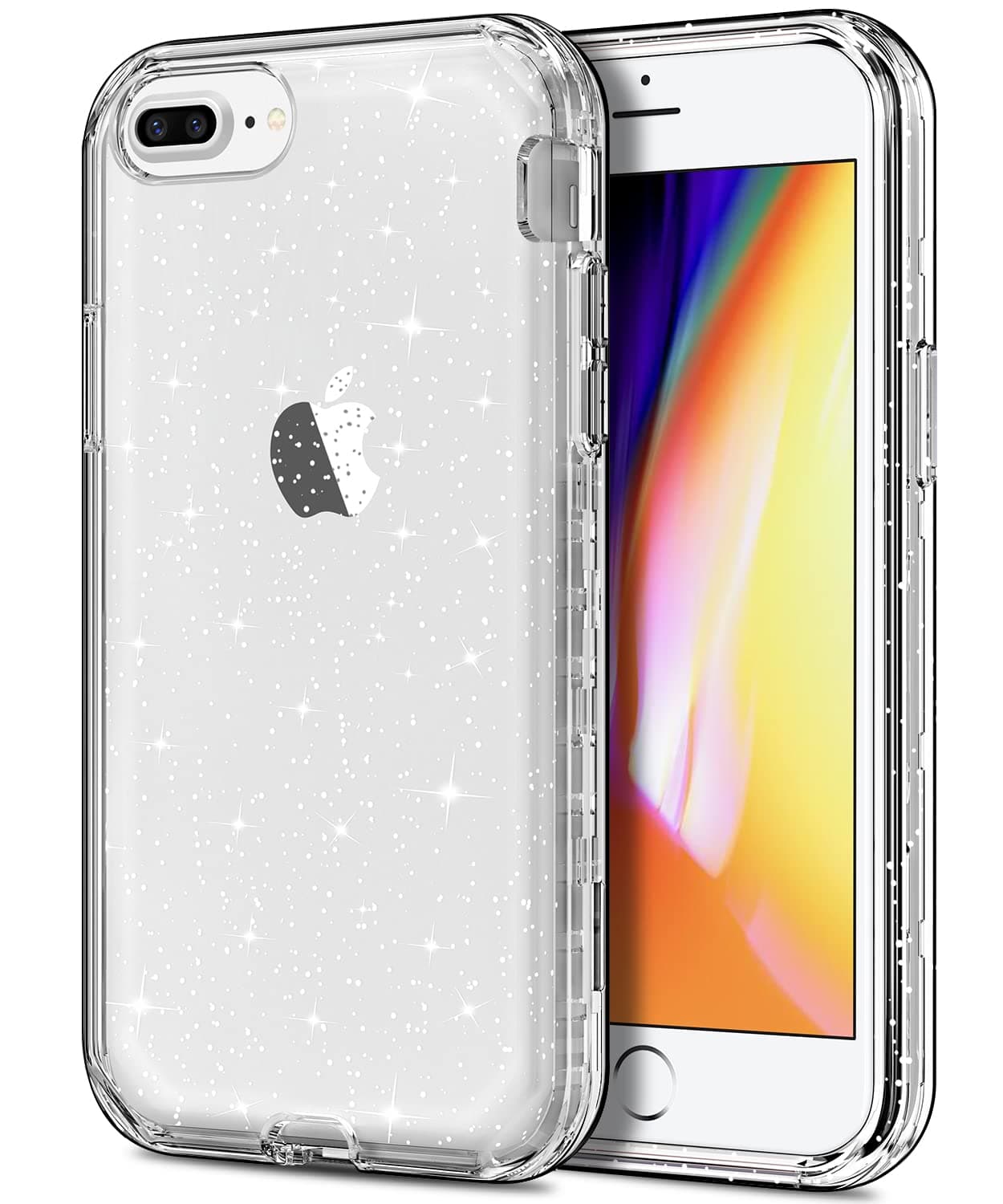 Hython Case for iPhone 8 Plus, iPhone 7 Plus Case, Crystal Clear Glitter Transparent Heavy Duty Defender Protective Bling Sparkle Hard Shell Hybrid Shockproof Rubber Bumper Phone Cover, Clear Glitter