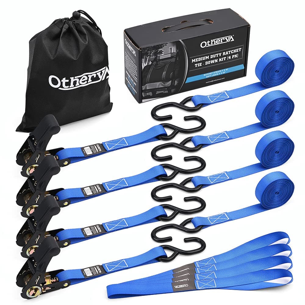 Otherya TIE Down Strap Ratchet Tie Down Straps - 4 Pk-15 Ft 1760 Lb Break Strength - Cargo Straps for Securing Motorcycle, Kayak, Truck, Trailer and Boat Lawn Equipment- Includes 4 Soft Loops