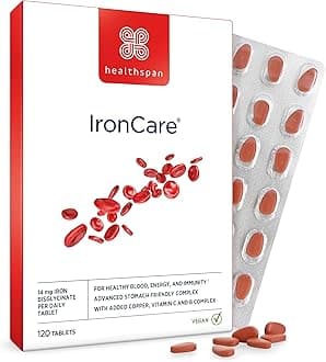 Healthspan IronCare (120 Tablets) | for Healthy Blood, Energy & Immunity | 14mg Iron | Stomach Friendly Complex | Added B Vitamins | Easy-Swallow | Vegan