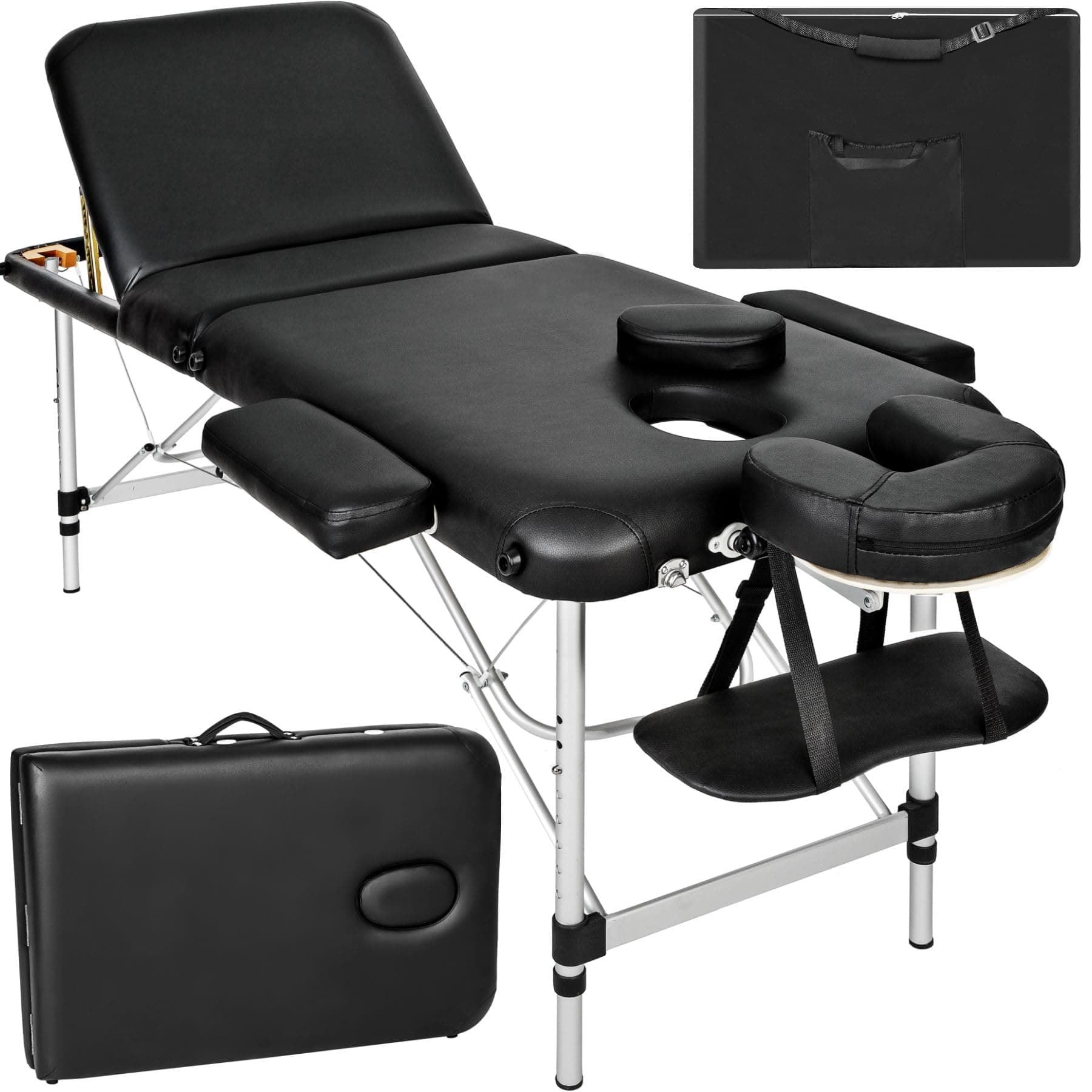 tectake Mobile Aluminium Massage Table 3 Zones Height-Adjustable Including Aluminium Plastic Headrest and Bag (Black, No. 401045)