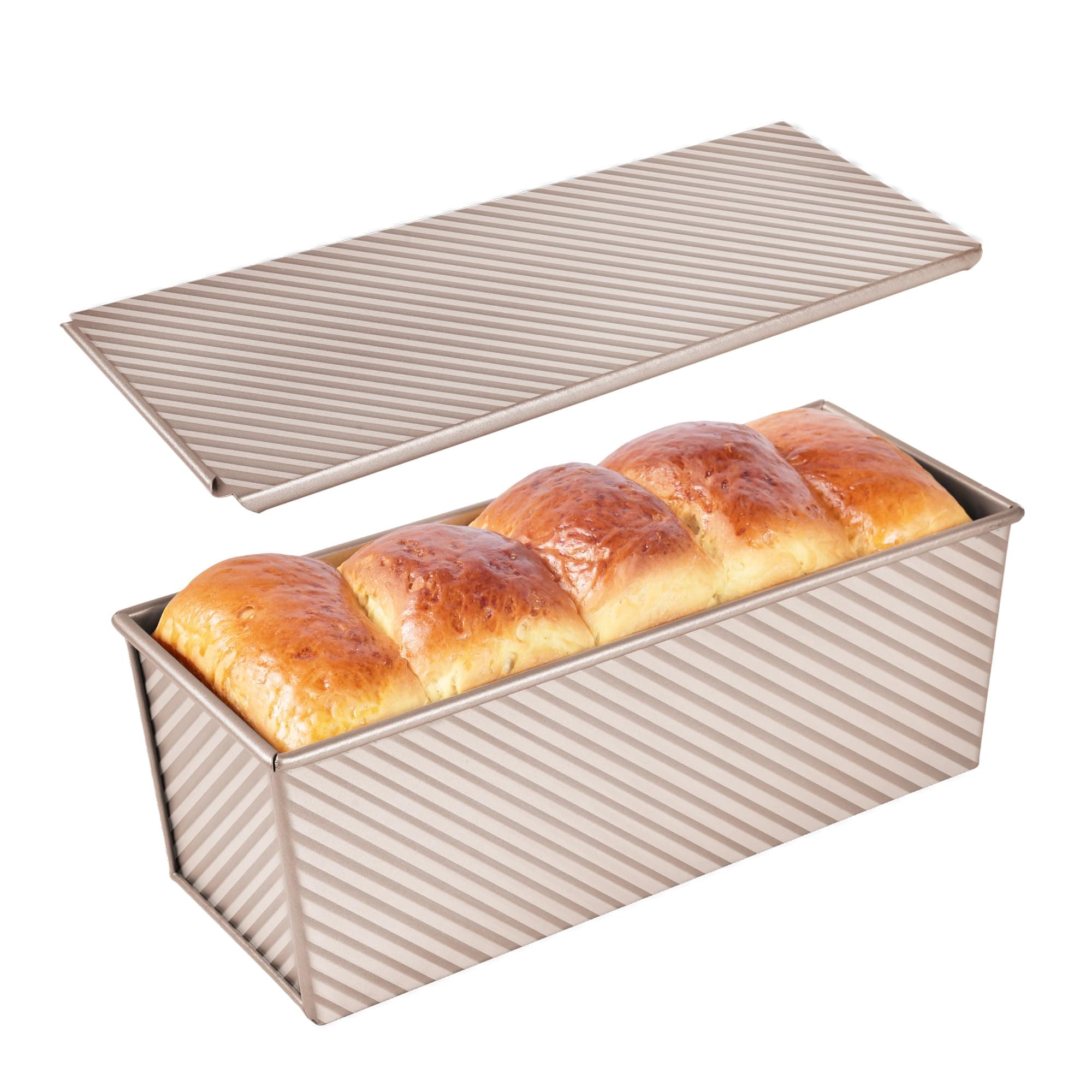 Commercial Pullman Loaf Pan with Lid, 2.2Lb Dough Capacity Non-Stick Rectangle Corrugated Carbon Steel Bread Toast Mold with Cover for Baking Bread (Champagne Gold)
