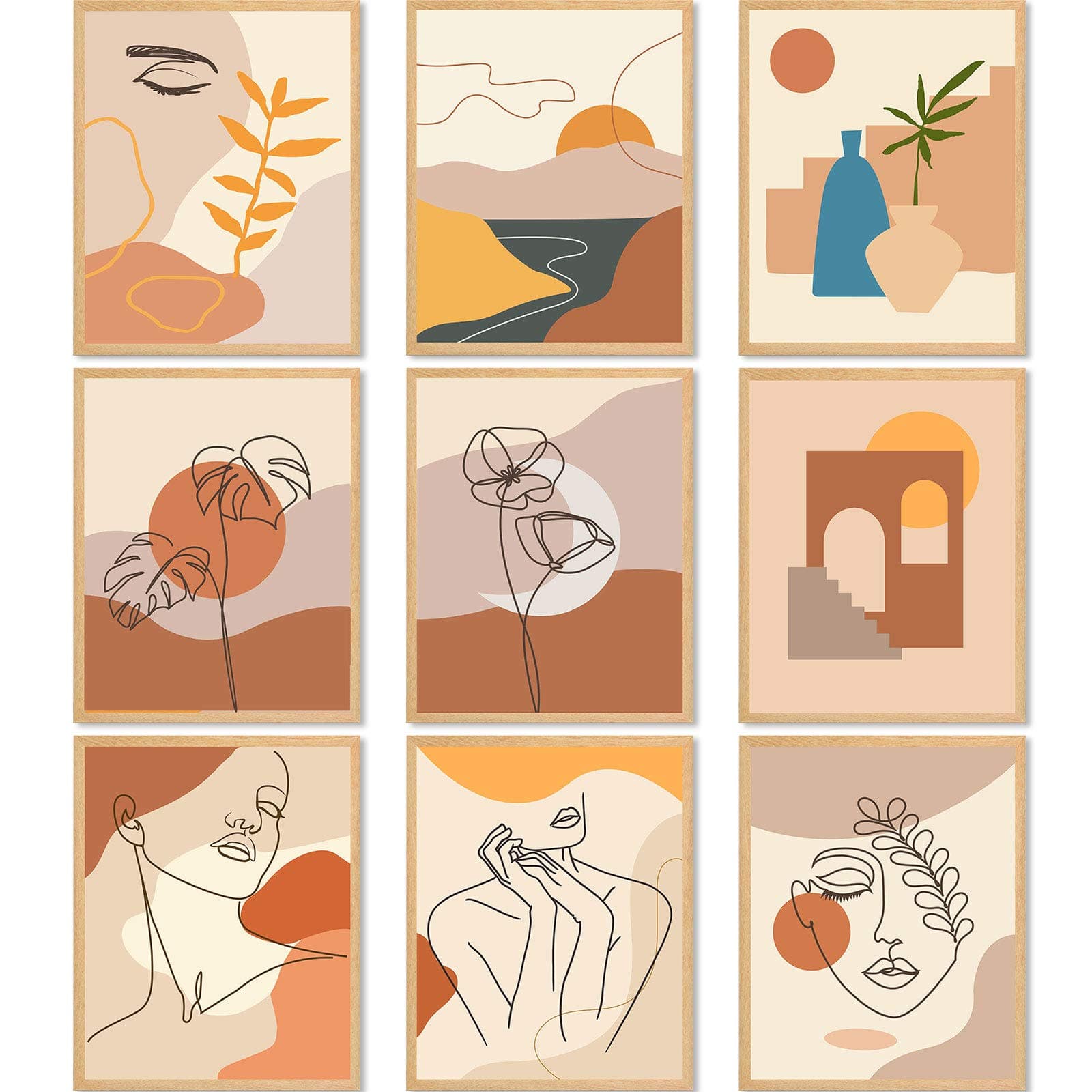 9 Pieces Minimalist Line Wall Art Prints Boho Abstract Modern Aesthetic Art Posters Unframed Woman Face Landscape Geometric Drawing Wall Art for Girls Women Bedroom Dorm Living Room, 8 x 10 Inch