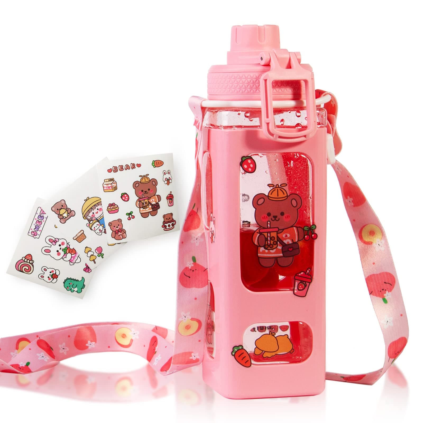 Kawaii Water Bottle for Girls Cute Kids Water Bottles with Straw Square Drink...