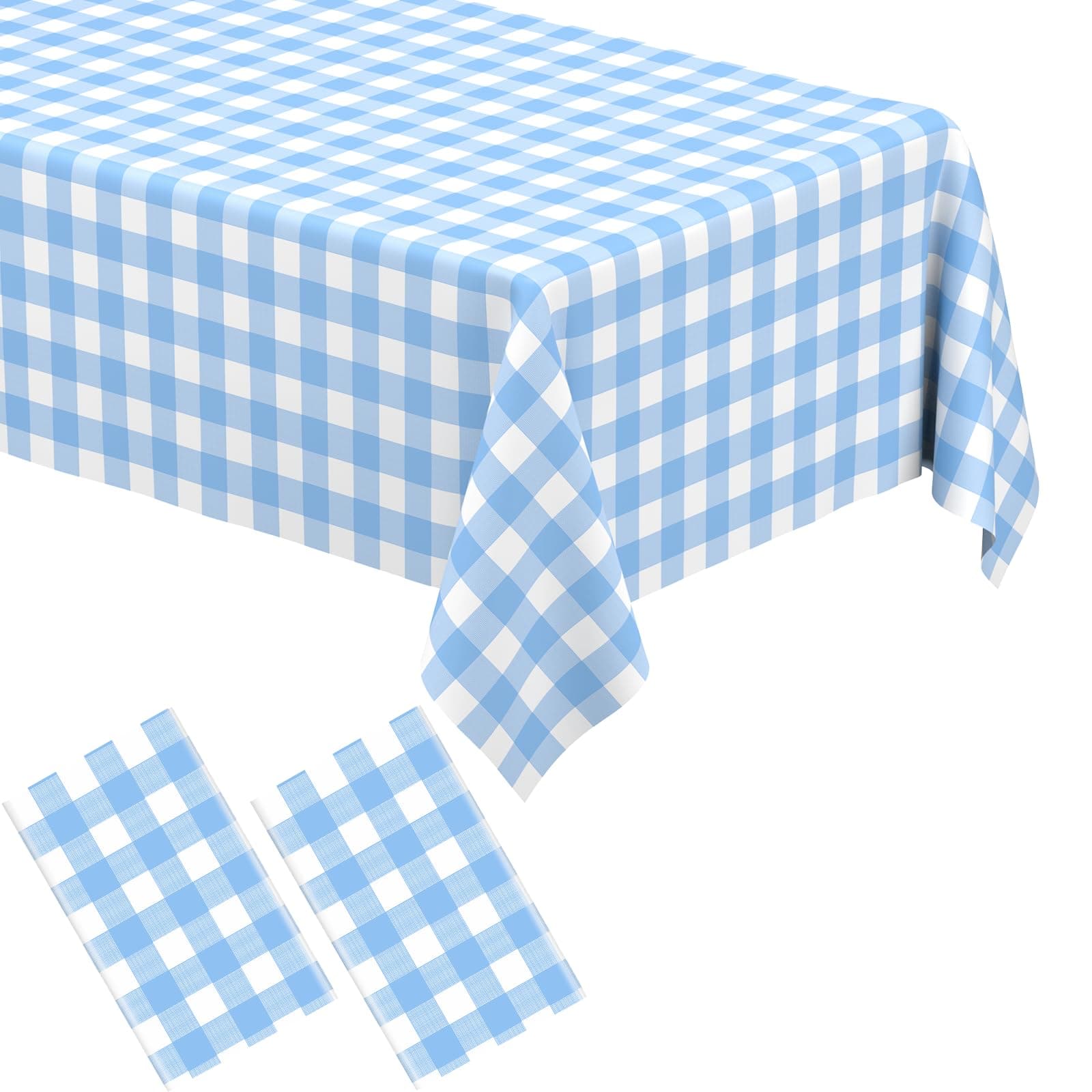 2 Pack Light Blue Gingham Tablecloth Rectangular Pale Blue and White Checkered Tablecloths Disposable Plastic Plaid Table Cover for Parties, Outdoor Picnic, Birthday, Wedding, Camping 54 × 108 Inch