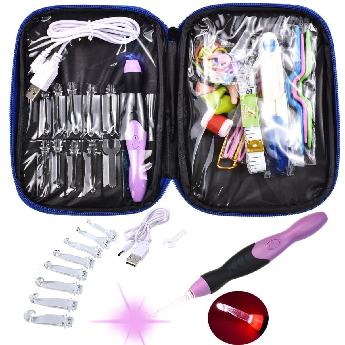 Rechargeable LED Crochet Hooks Complete Set 9 Interchangeable Head Light Up Knitting Needles Size 2.5mm-6.5mm Ergonomic Soft Handle with Premium Storage Bag for Arthritic Hands Looen (Royal Blue)