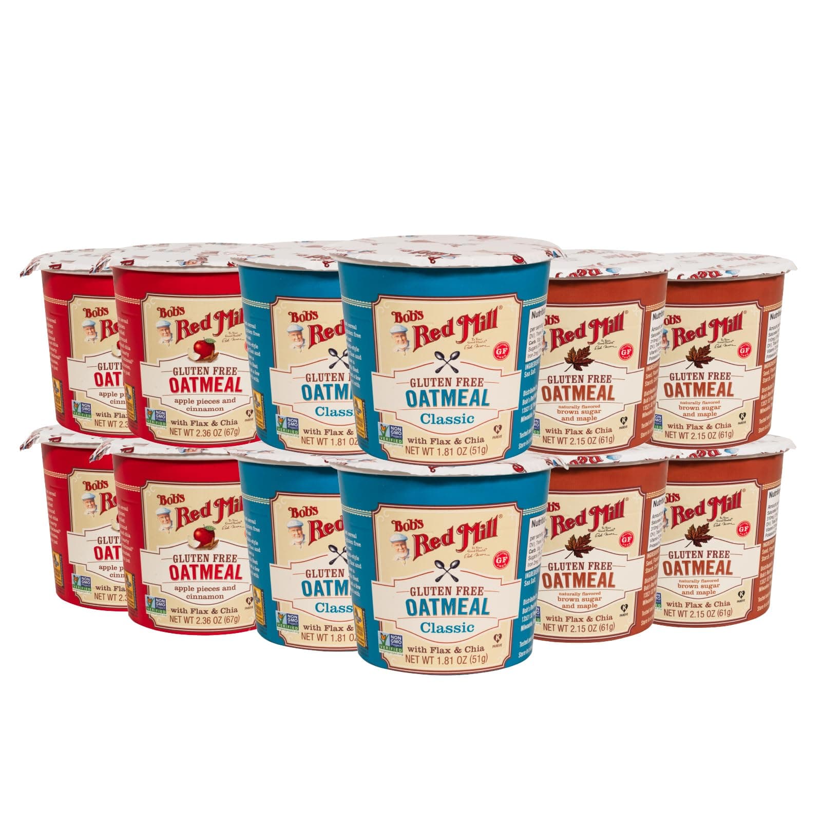 Bob's Red Mill Oatmeal Cup Variety Pack (Classic, Maple, Apple), 1 cup (Pack of 12) - Non GMO, Whole Grain, Kosher