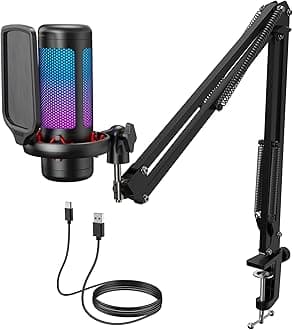 TONOR Gaming USB Microphone with Adjustable RGB Modes & Brightness, Condenser PC Mic with Boom Arm for Streaming Podcast Recording Studio Singing Youtube Compatiple with Computer/Laptop/Mac/PS4 TC310+