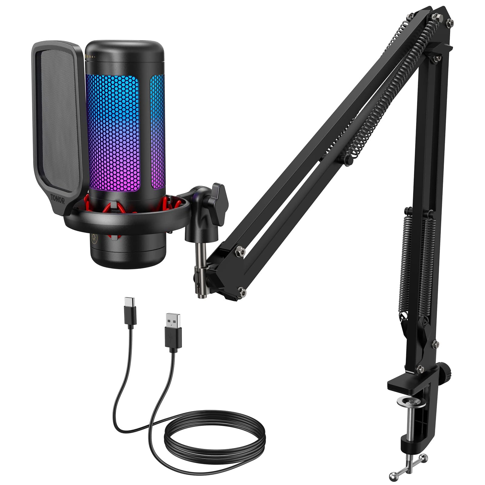TONOR Vocal Condenser Microphone Set with Boom Arm, Recording Equipment for PC with Stand, Controllable Brightness, Quick Mute, Volume Control, USB Mic for YouTube, Twitch, Streaming, TC310+