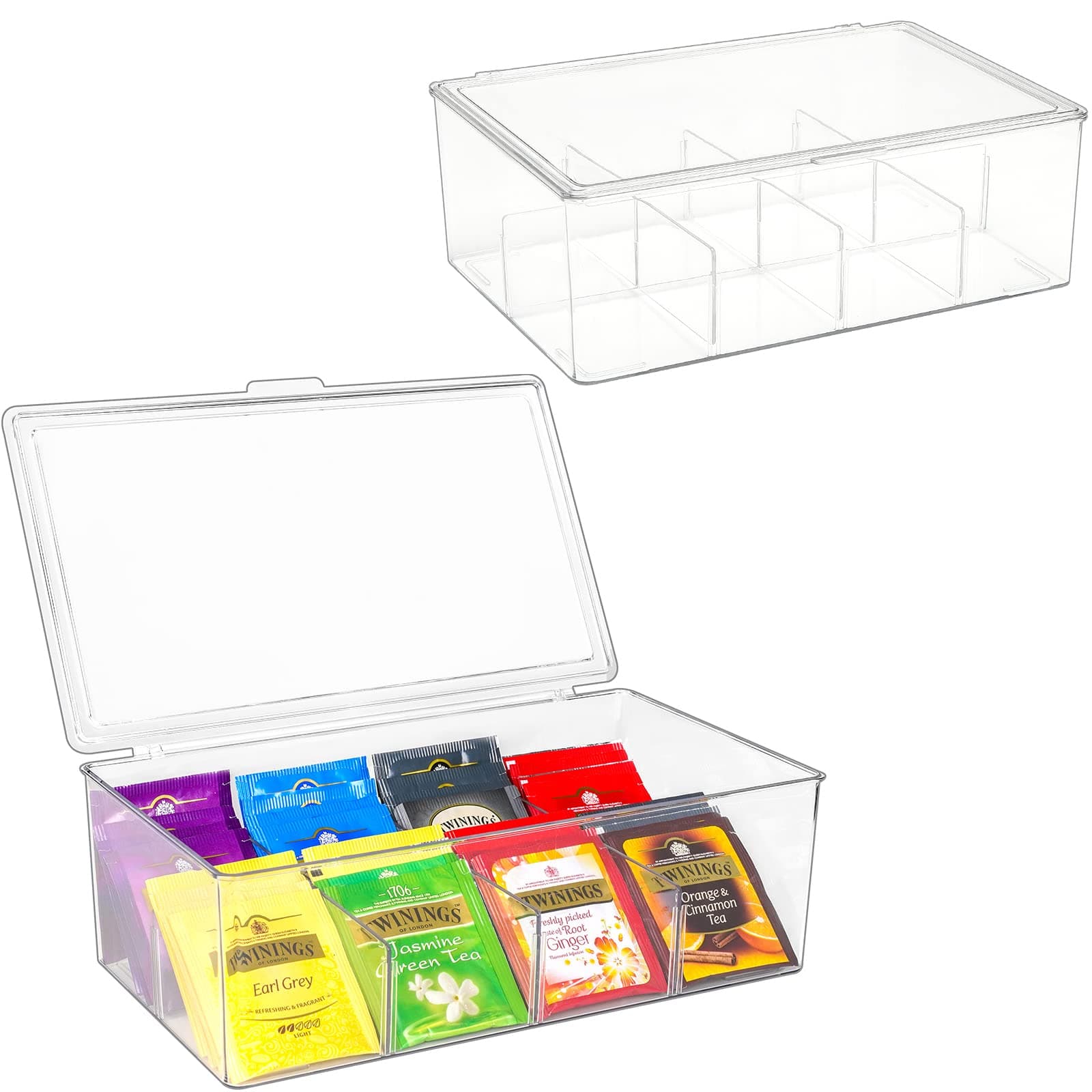 2 Pack Tea Bag Organizer Clear Acrylic Tea Storage Box with Lid, Plastic Tea Bag Holder Stackable Tea Organizer for Tea Bags Container Dispenser for Cabinet Pantry Counter Countertop -Clear