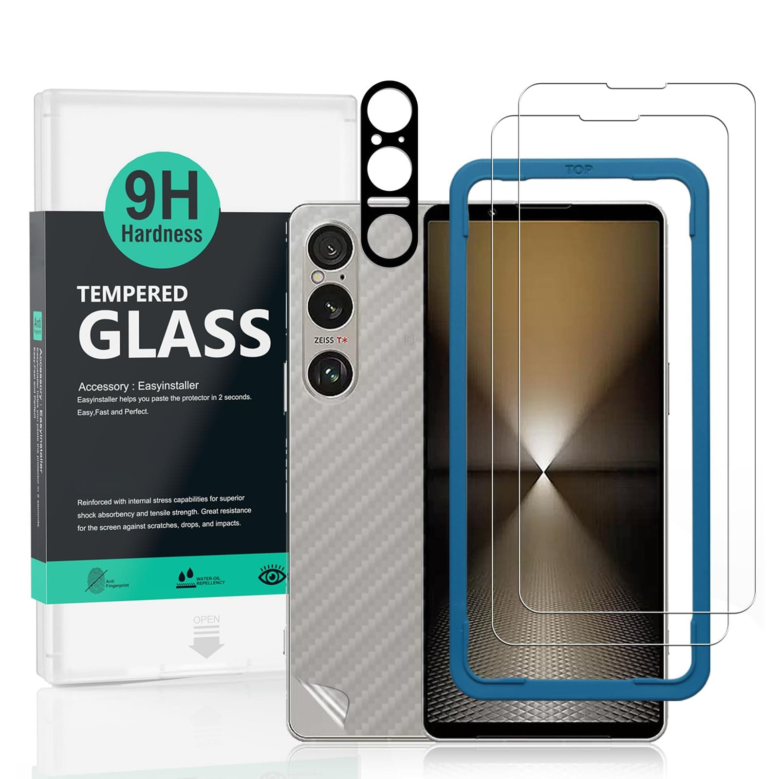 Screen Protector For Sony Xperia 1 VI 5G 6.5"[2 Pack],with 2Pcs Tempered Glass,1Pc Camera Lens Protector,1Pc Backing Carbon Fiber Film[Fingerprint Reader,Easy to install]