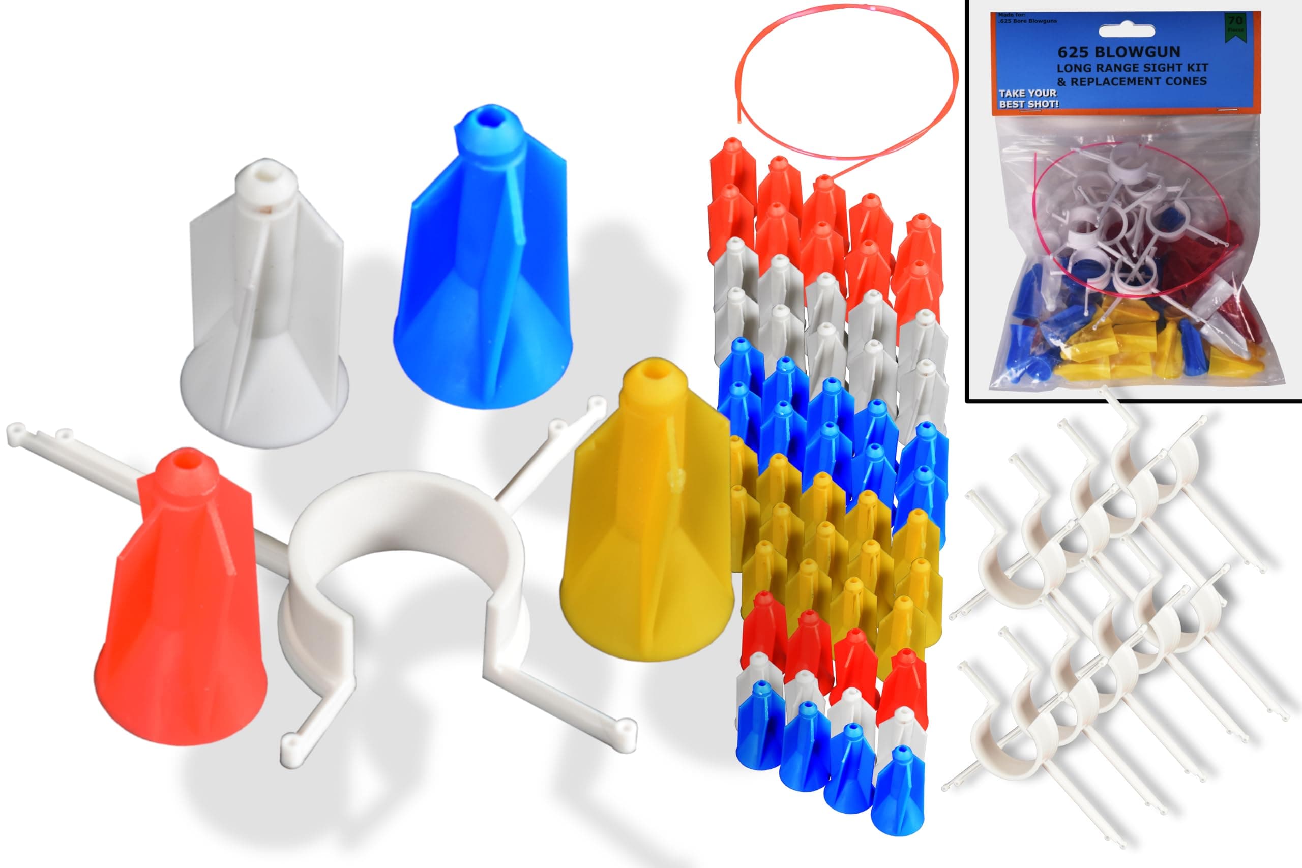FSFF .625 Blowgun Long Range Sight and Replacement Cone Kit for Darts, Big 70 Pack, fletched fit All Steel 2 and 2.5mm Cold Dart Shaft, snap Sight on All Blowgun Tubes Great Accuracy Distance Cones