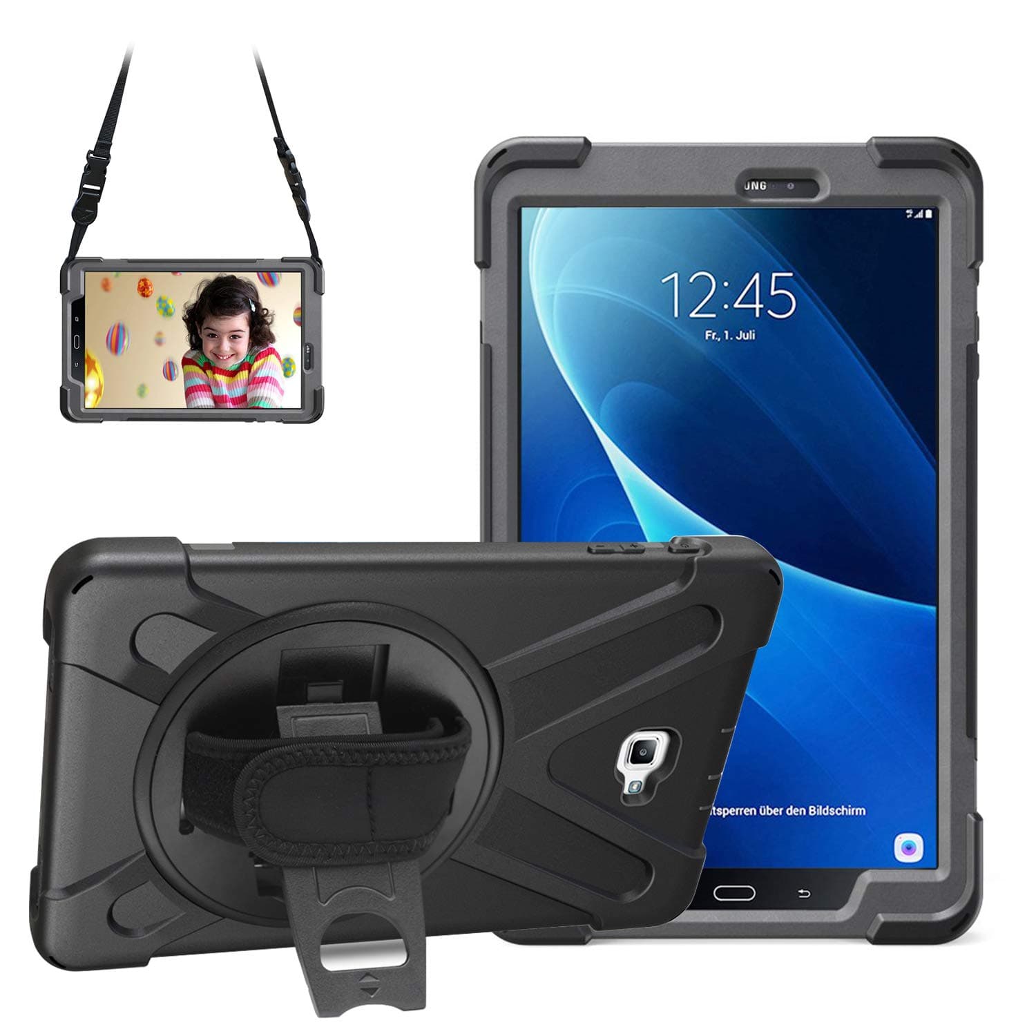 for Samsung Galaxy Tab A6 10.1 2016 Case, SM T580/T585 Case Shockproof with 360 Rotating Stand, Hand/Shoulder Strap Drop Protection Cover, Heavy Duty Rugged Case for Galaxy Tab A6 10.1, Black