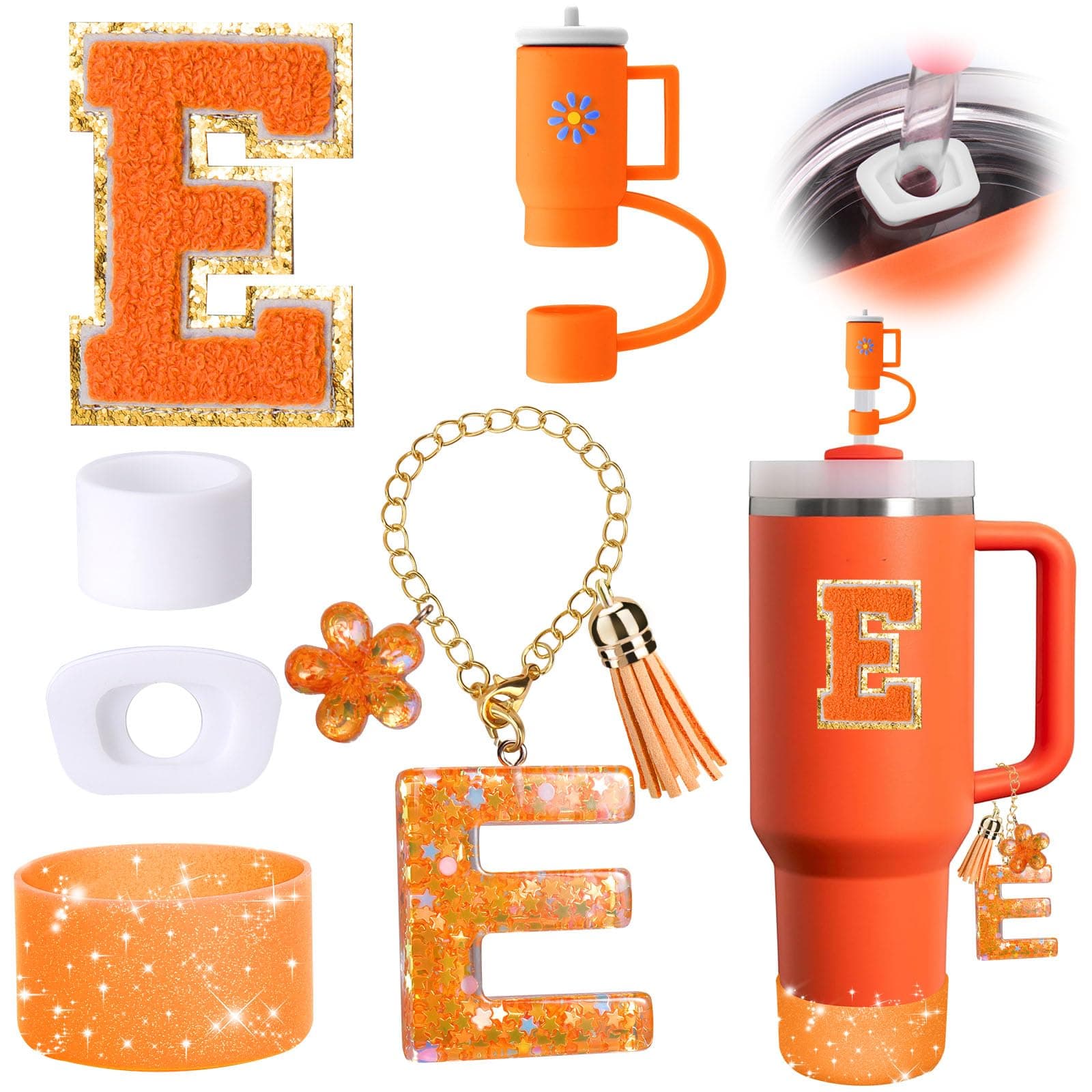 Mity rain 6PCS Orange Cup Accessories Set for Stanley Cup 30oz 40oz tumbler with handle, Including Straw Topper Cover Cap and Boot, Spill Proof Stopper, Handle Charm, Initials Sticker（Letter E