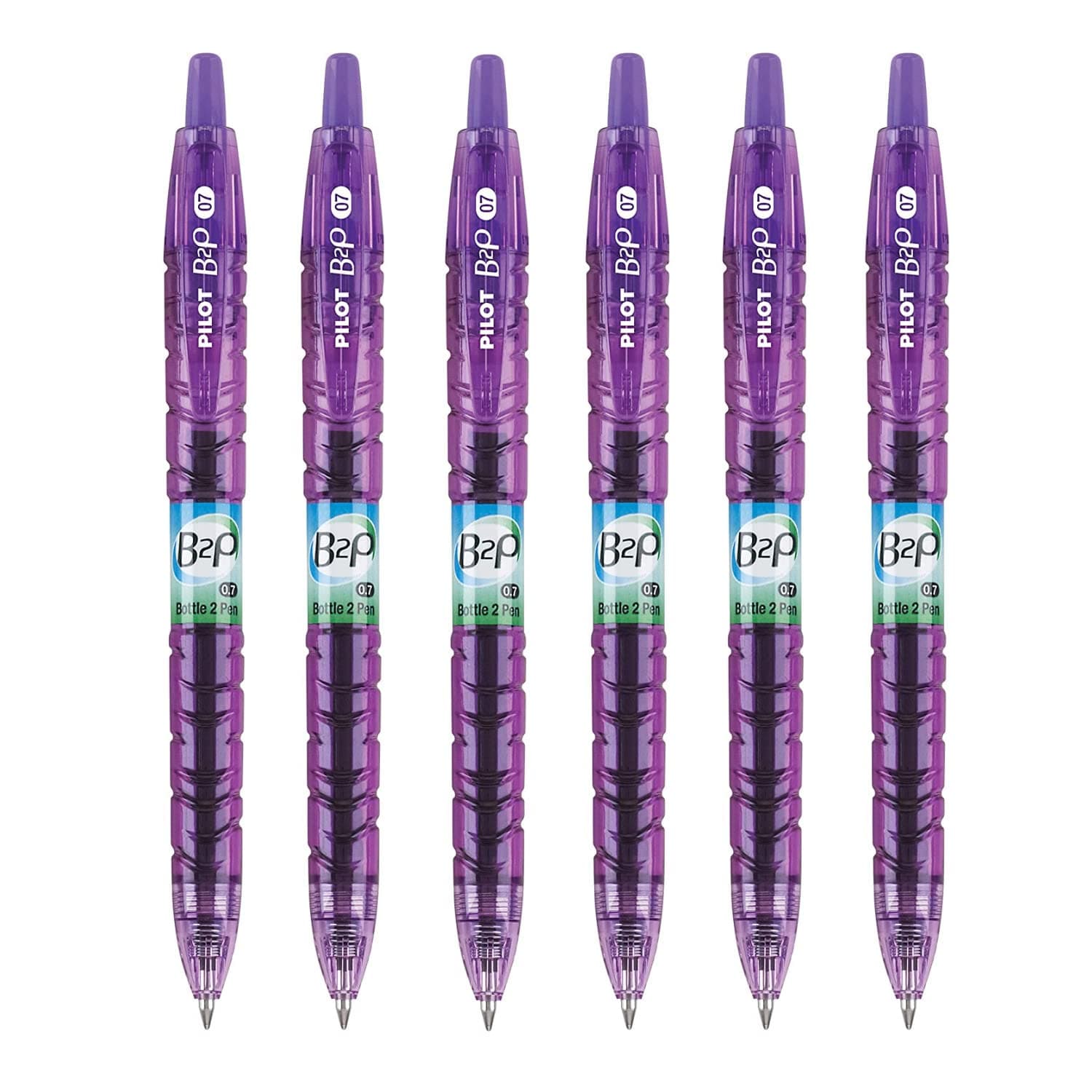 Pilot B2P - Bottle to Pen Refillable & Retractable Rolling Ball Gel Pen Made From Recycled Bottles, 0.7mm Fine Point, Purple Ink, 6-Pack
