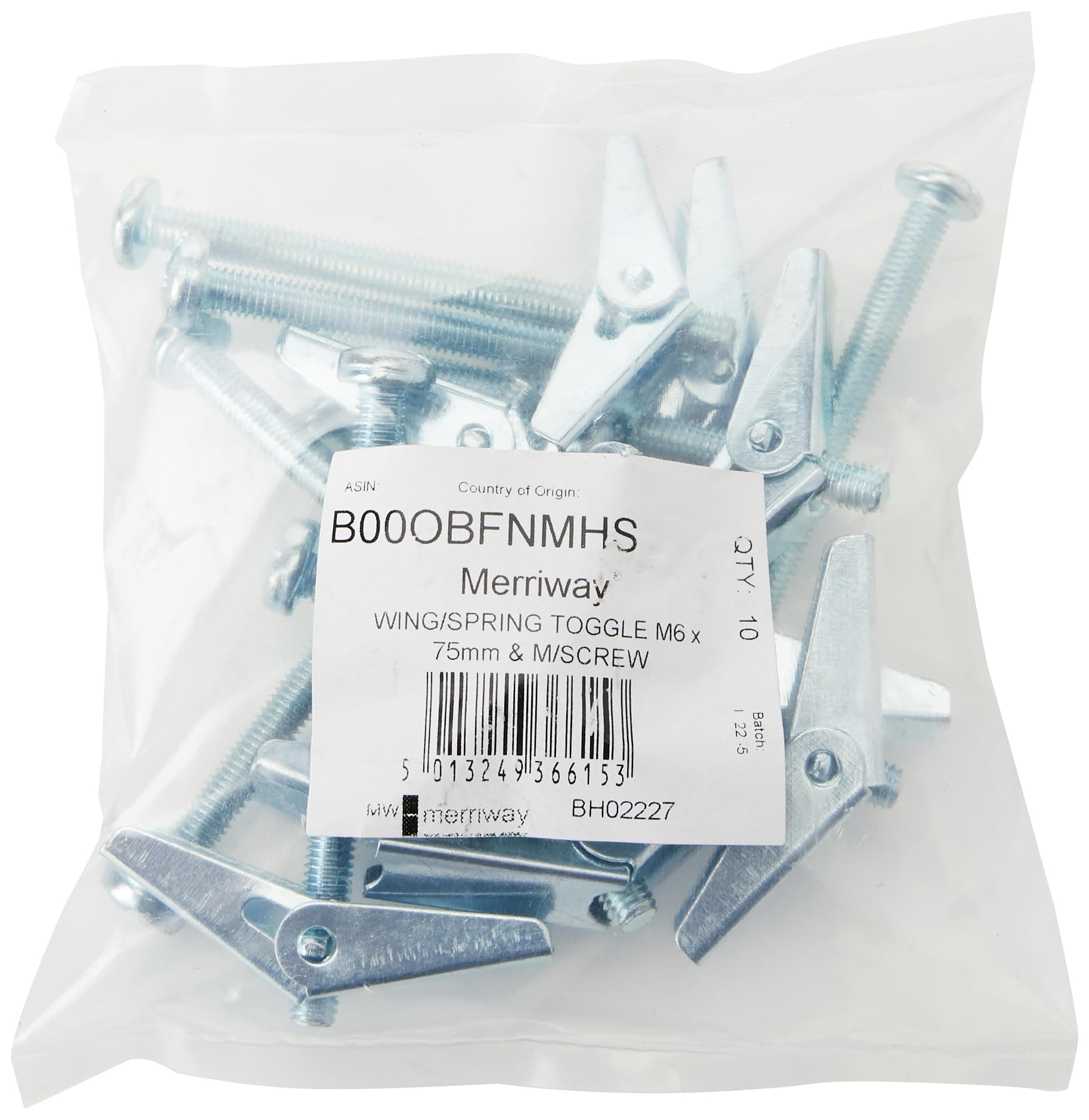 Merriway BH02227 (10 Pcs) Wing Spring Toggle with Machine Screw for Hollow Wall Plasterboard, M6 x 75 mm (3 Inch x 1/4 Inch) - Pack of 10 Pieces