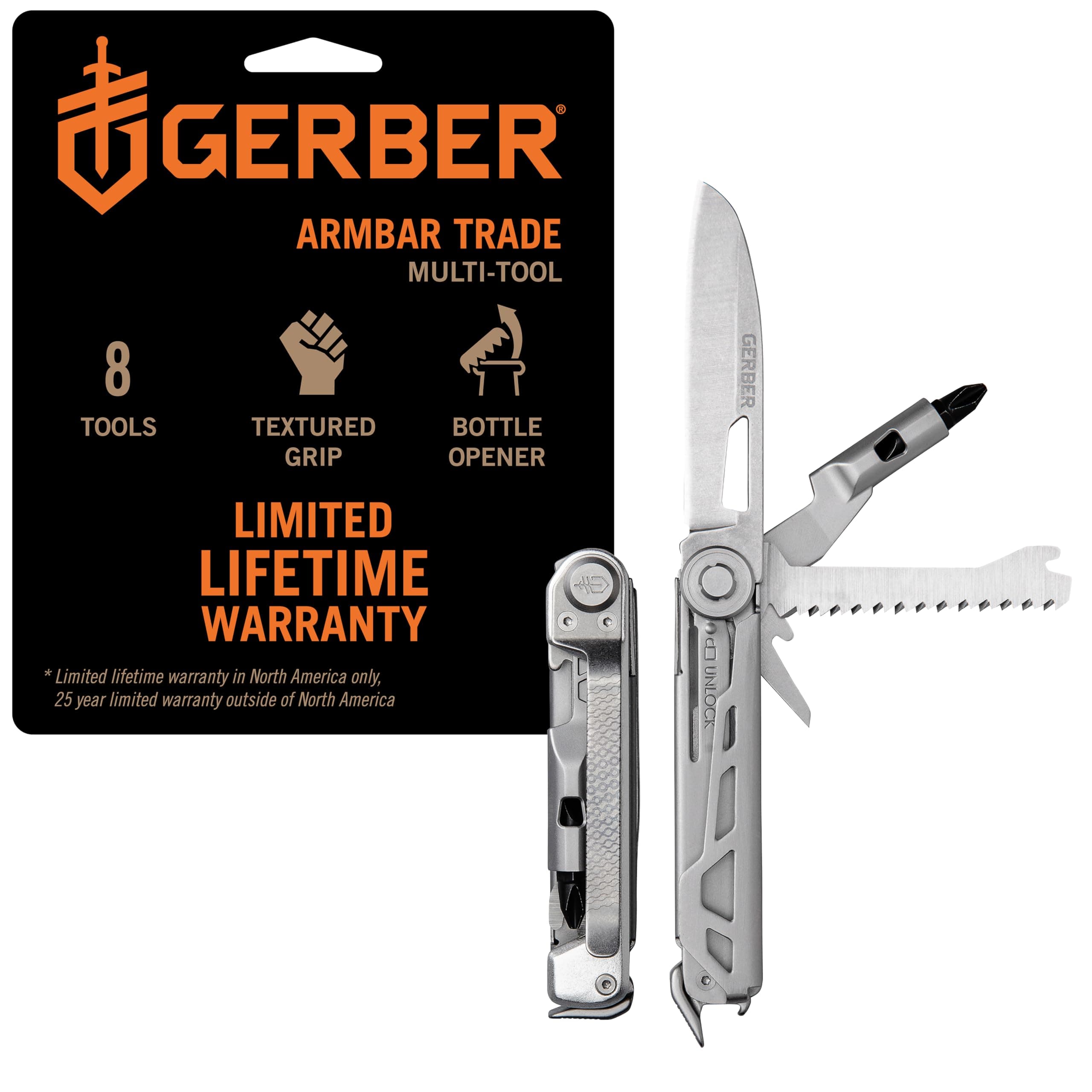 Gear Armbar Trade 8-in-1 Multi-tool - 2.5" Plain Edge Blade, Pry Bar, Hammer - EDC Gear and Equipment - Silver