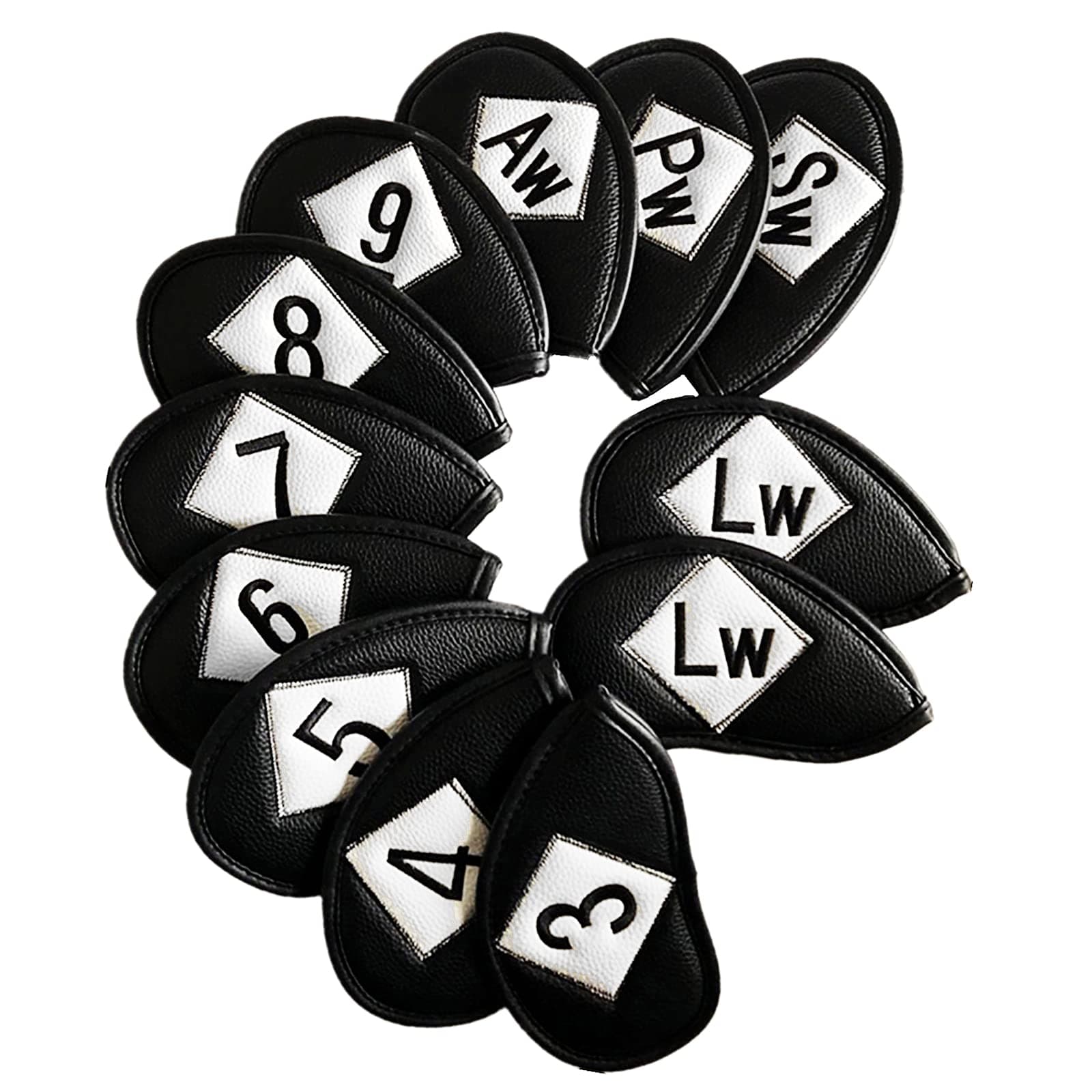 Golf Head Covers Iron Set 12 Piece 3 4 5 6 7 8 9 Lw Pw Sw Aw for Both Left and Right Handed, Leather Irons Club Headcovers Deluxe Color Black Blue Red Universal Fit Nike Titleist Callaway Ping