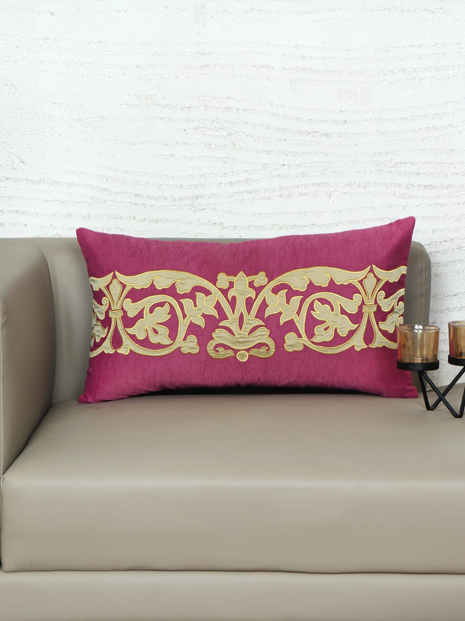 ZEBAZEBA World Rectangular Cushion Cover - Luxe Collection | Sofa, Bedroom, Couch | Polycanvas Floral Applique - Magenta Pink - 12x22 inch (30x55 cms) (Pack of 1)