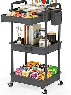 Rolling Cart with Drawers, 3-Tier Utility Cart Storage Organizer with Lockable Wheels, Storage Cart for Kitchen, Bathroom, School, Studio, Office, Bedroom, Jet