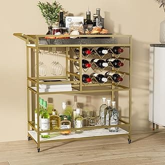 3 Tier Mobile Drinks Trolley Bar Serving Cart on Wheels with Wine Rack and Glass Holder Modern Rolling Drinks Storage Trolley for Home Kitchen Party Bar (Gold)