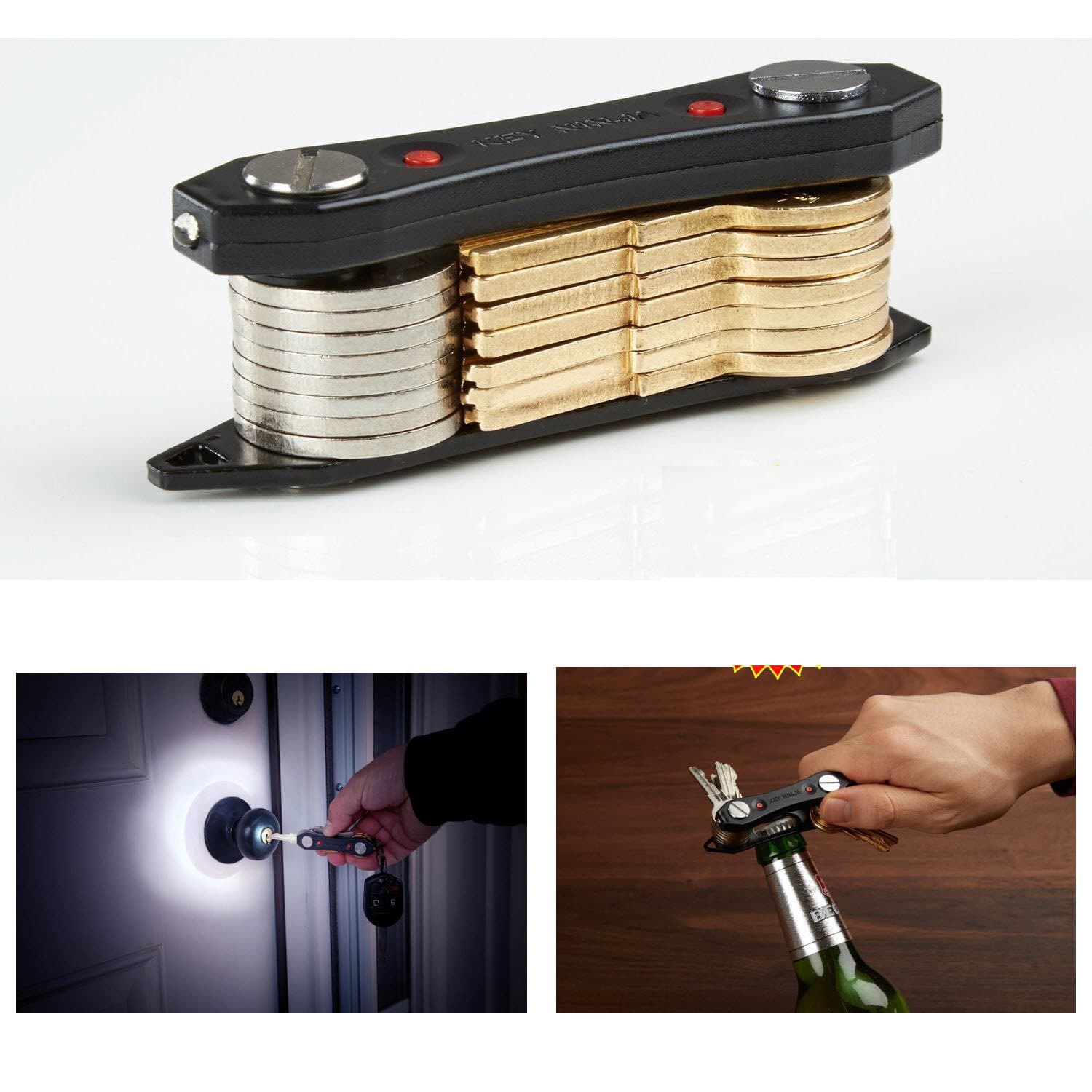 Compact Key Holder With 2 LED Flashlights Bottle Opener Holds 30 Keys Key Chains Tags Hooks