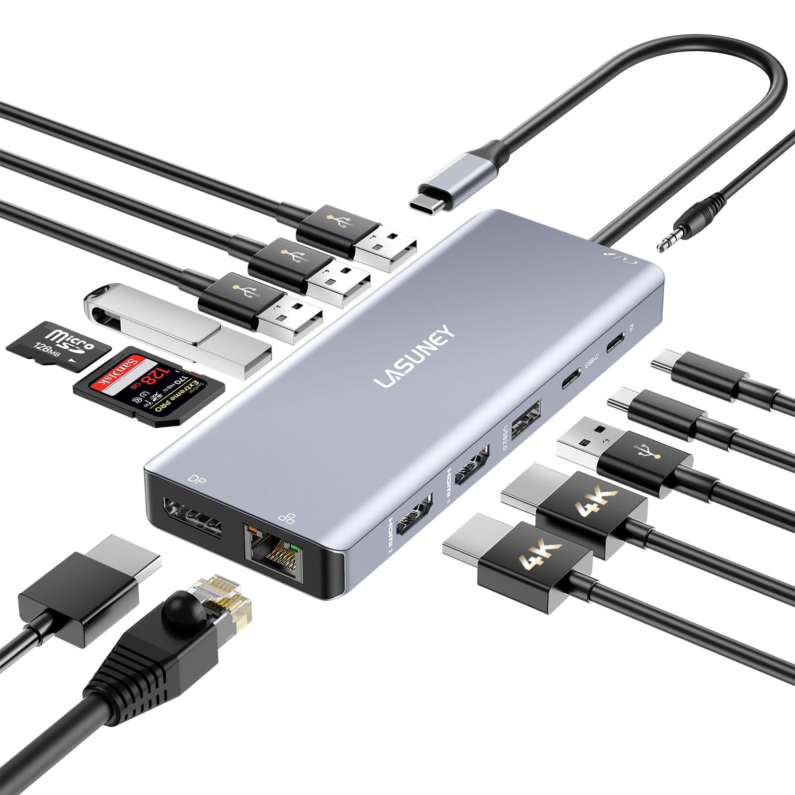 Lasuney Triple Display 13 in 1 USB C Hub with 2 HDMI & DP, PD3.0, Ethernet, SD TF Card Reader, 5 USB Port, Mic/Audio, Type C Adapter Docking Station Compatible for MacBook Air Pro and More