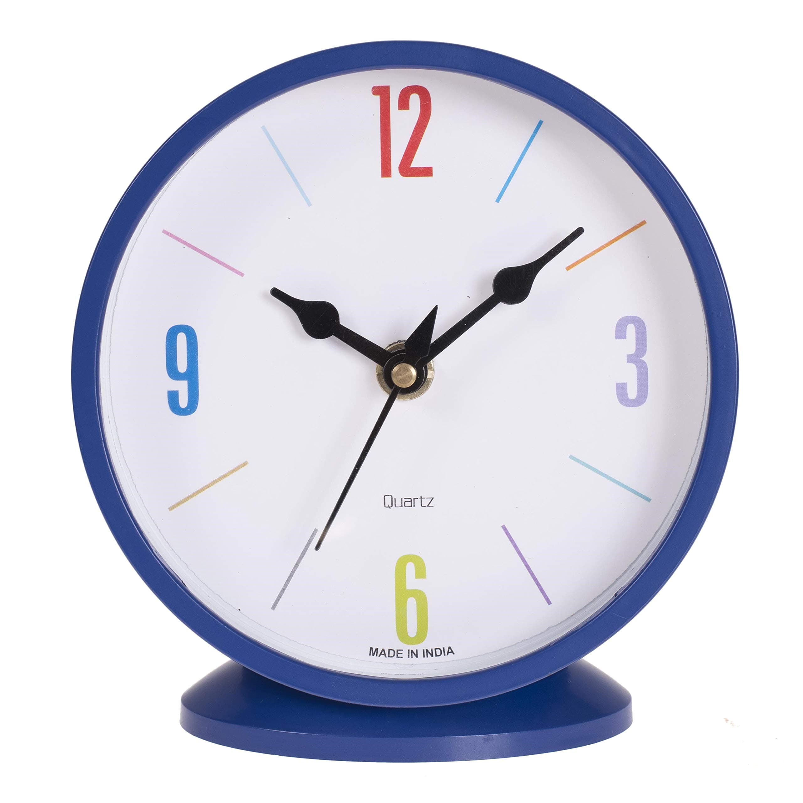 Smera Plastic Multicolor Digit, Blue Frame Round Quirky Table-Cum-Wall Clock (13.4 x 14.6 cm).