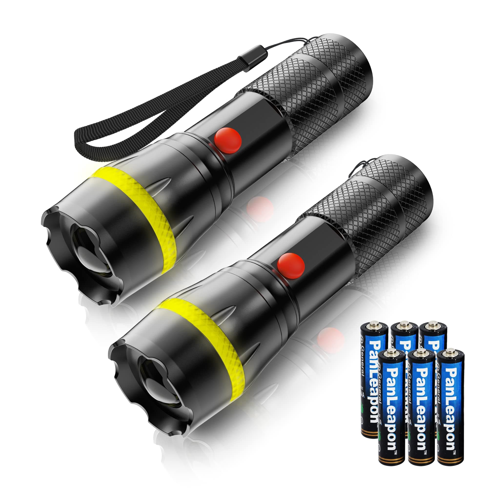 Fulighture Torches 2-Pack, 600lm High Brightness Zoomable Small Torch with Yellow Ring for Kids, Home Indoor Lighting, Emergencies, Batteries Included