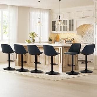 COLAMY Bar Stools Set of 6, Modern Swivel Bar Chairs, Adjustable PU Leather Upholstered Barstools Counter Height with Full Backrest for Bar, Dining Room, Kitchen Island, Black