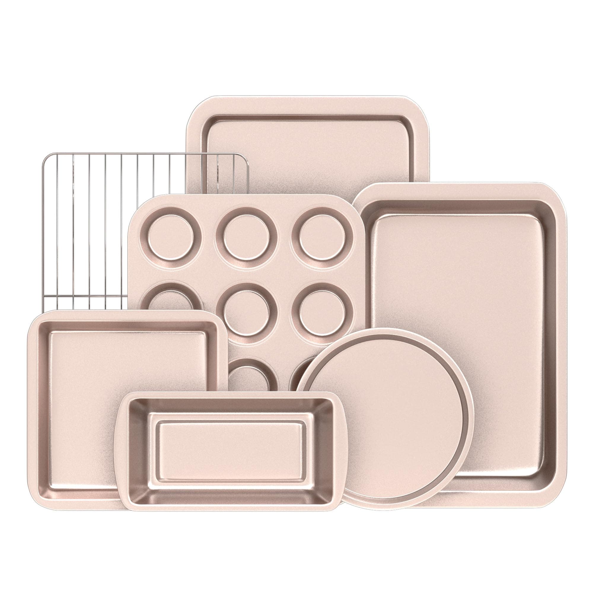 Baking Pans Sets, Nonstick Bakeware Set 7-Piece with Round/Square Cake Pan, Loaf Pan, Muffin Pan, Cookie Sheet, Roast Pan, Cooling Rack & Silicone Oven Mitts, Carbon Steel Bake Set,Gold