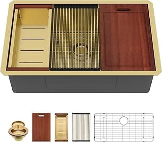 Sarlai 33 Undermount Sink Gold Stainless - 33" x19" Kitchen Sink Ledge Workstation Gold 16 Gauge Stainless Steel Deep Single Bowl Under Counter Rectangular Kitchen Sinks Basin